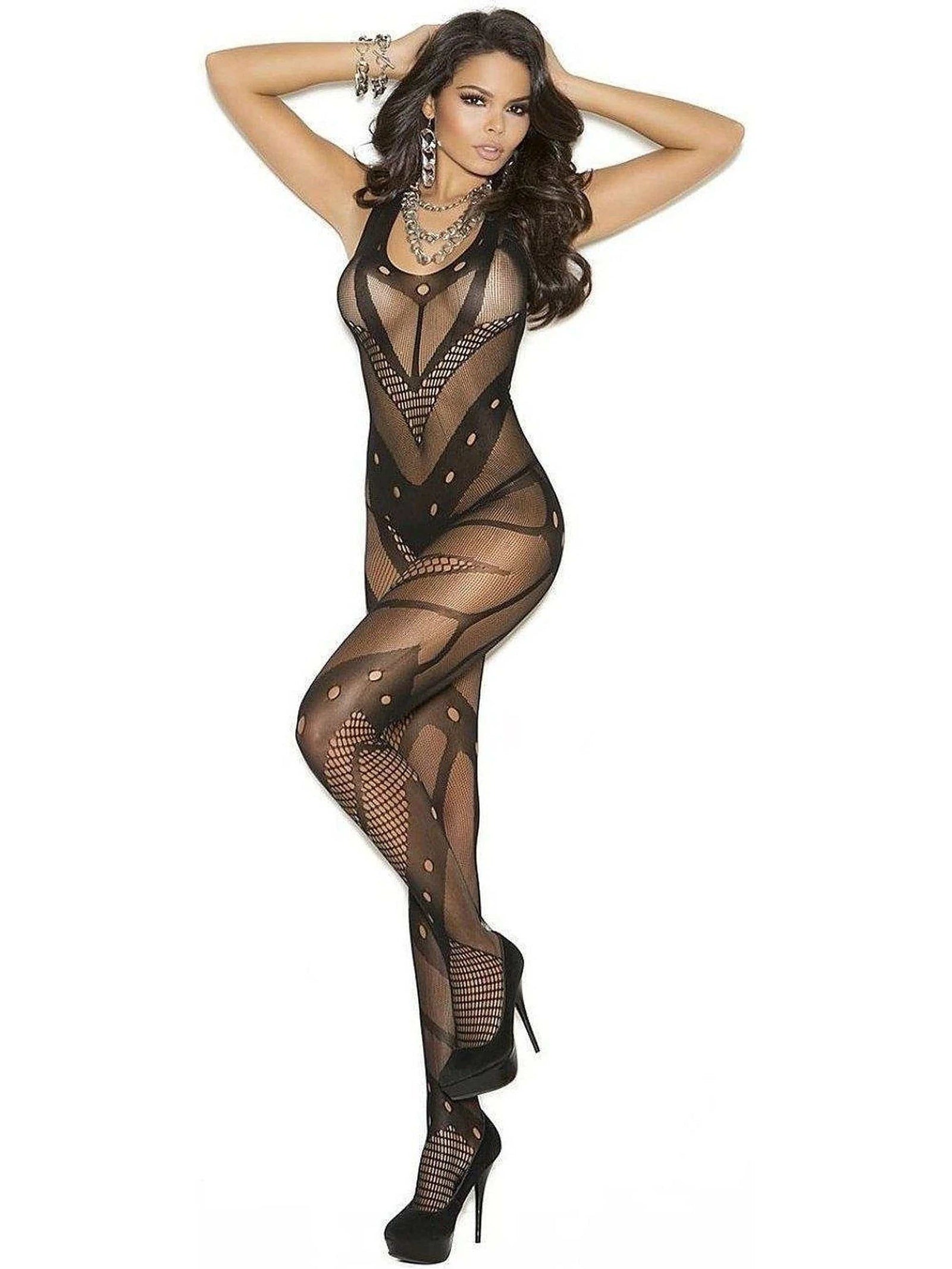 Elegant Moments Seamless Bodystocking - Stunning Black Crochet Design with Open Crotch Elegant Moments