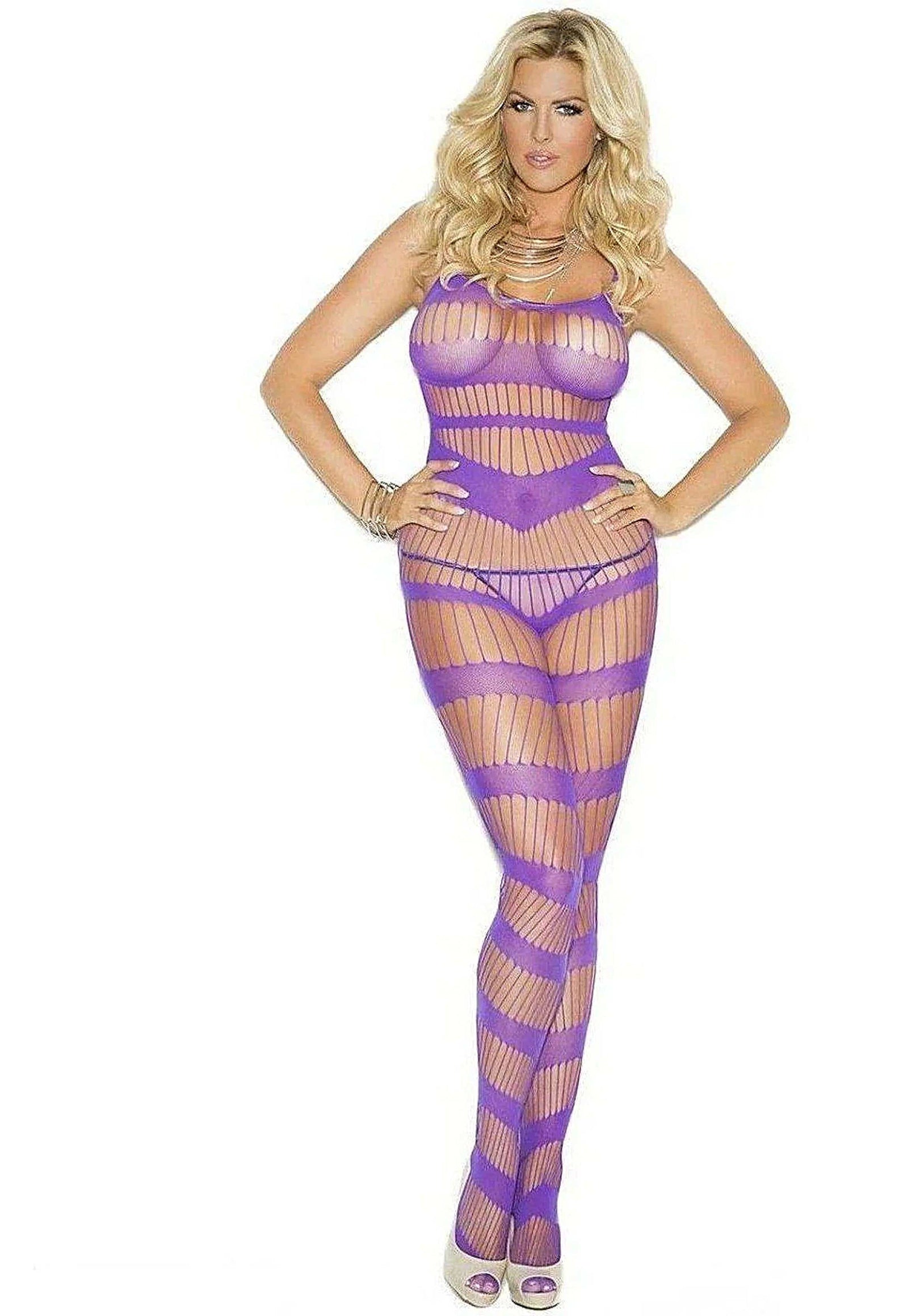 Ravishing Strappy Bodystocking with Open Crotch in Purple, Plus Size - Bodystocking