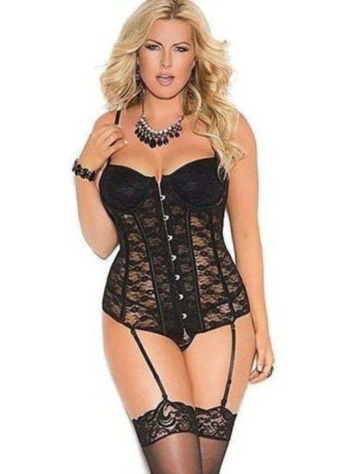 Elegant Moments Plus Size Lace Bustier 4140X with Underwire Cups, Adjustable Straps & Lace-up Back Elegant Moments