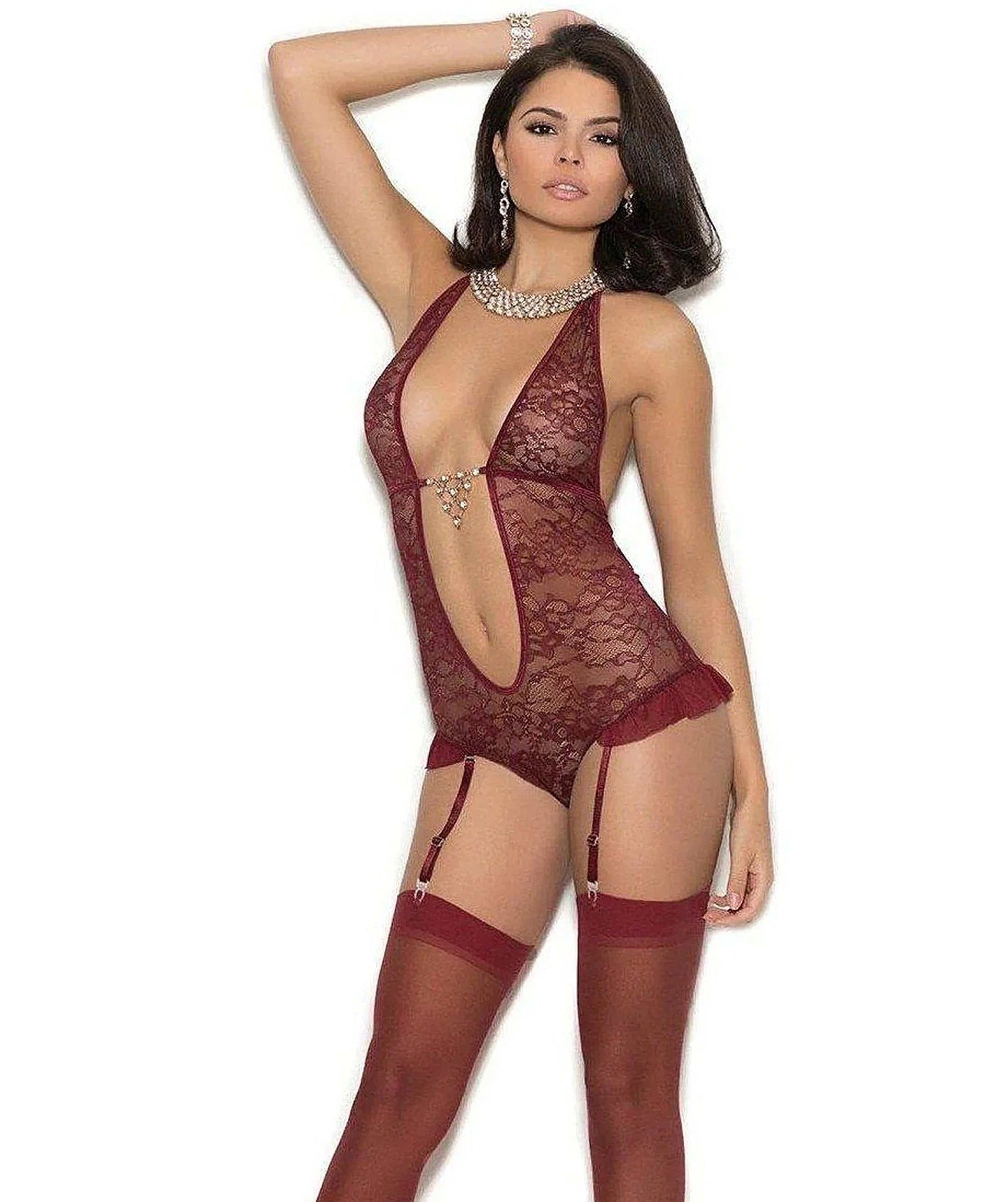 Elegant Moments Wine Color Teddiette With Ultra-Deep V Neckline And Rhinestone Detail Elegant Moments