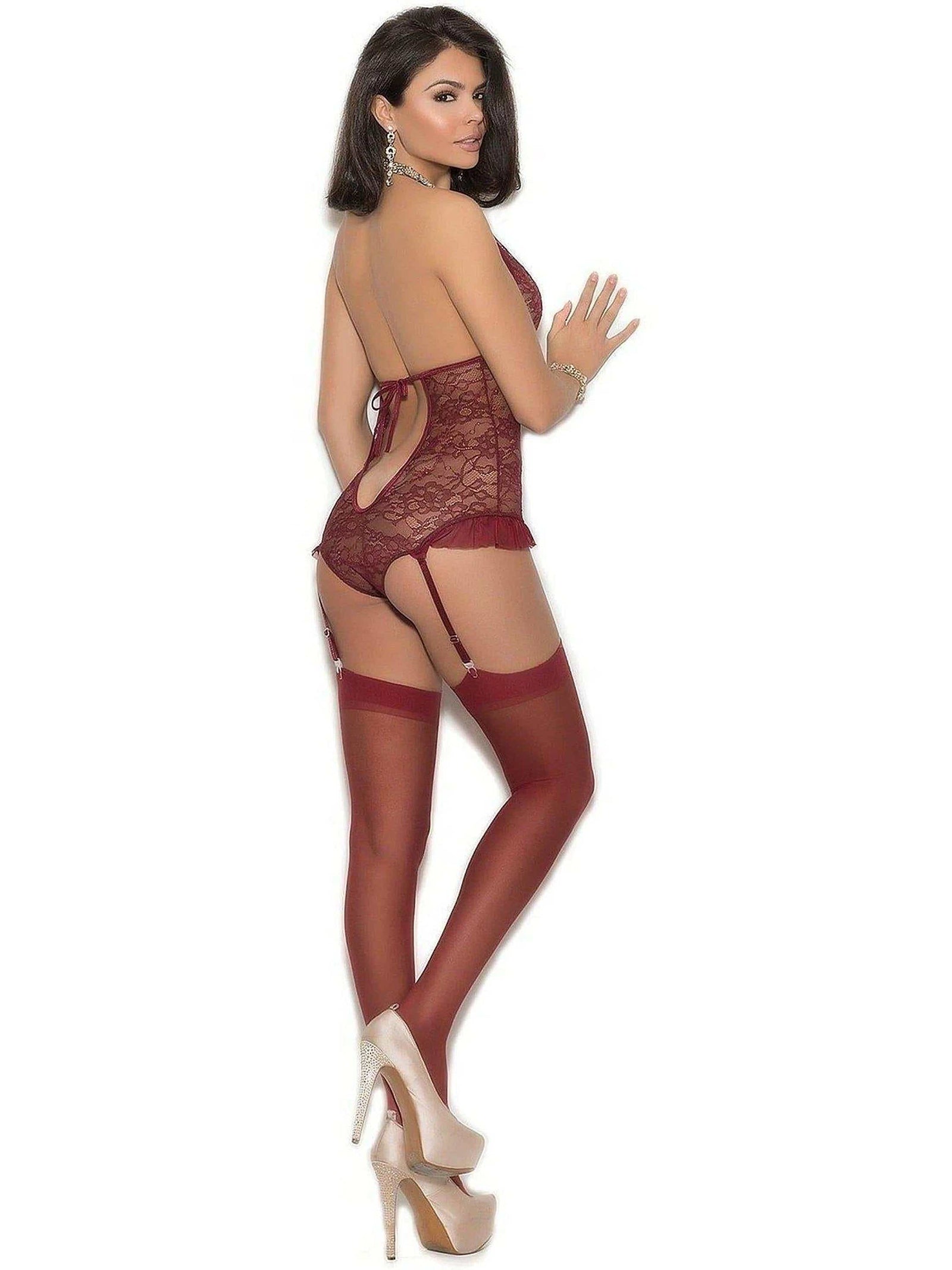 Elegant Moments Wine Color Teddiette With Ultra-Deep V Neckline And Rhinestone Detail Elegant Moments
