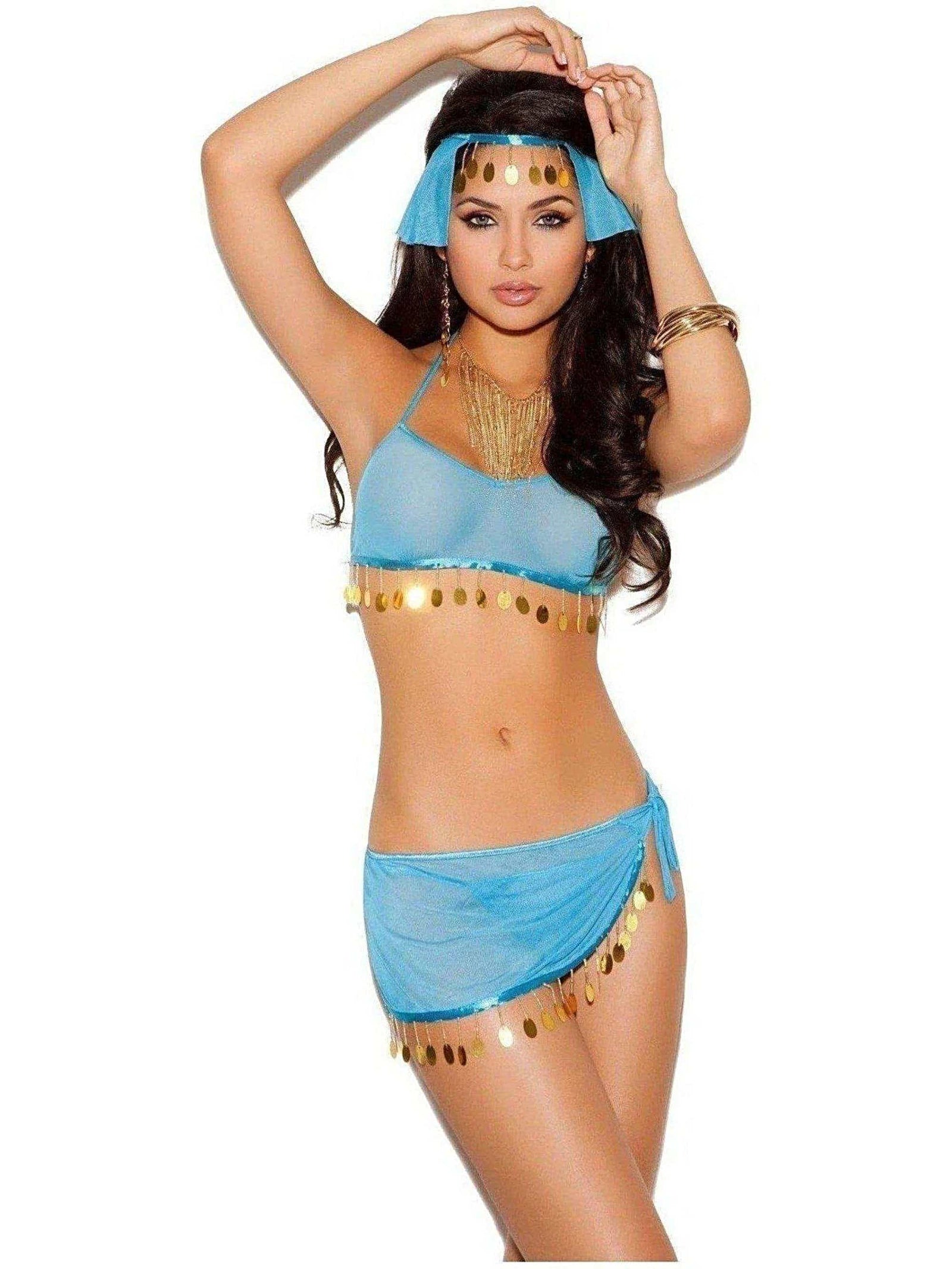 Elegant Moments Harem Costume Set 4pc - Turquoise Mesh Top, Skirt, Headpiece & G-String Elegant Moments