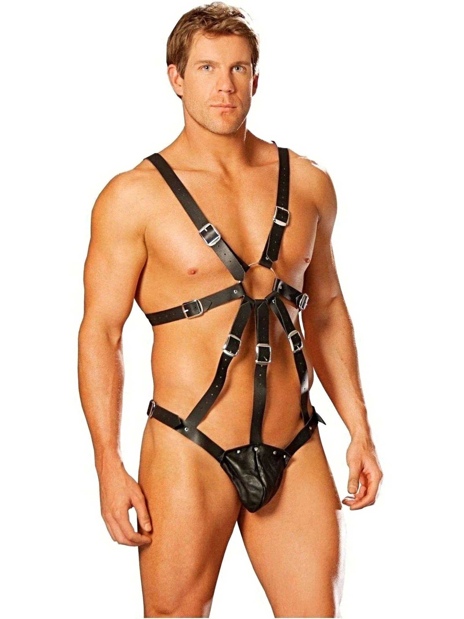 Elegant Moments Men's Black Leather Harness With Pouch - Stylish One Size Design Elegant Moments