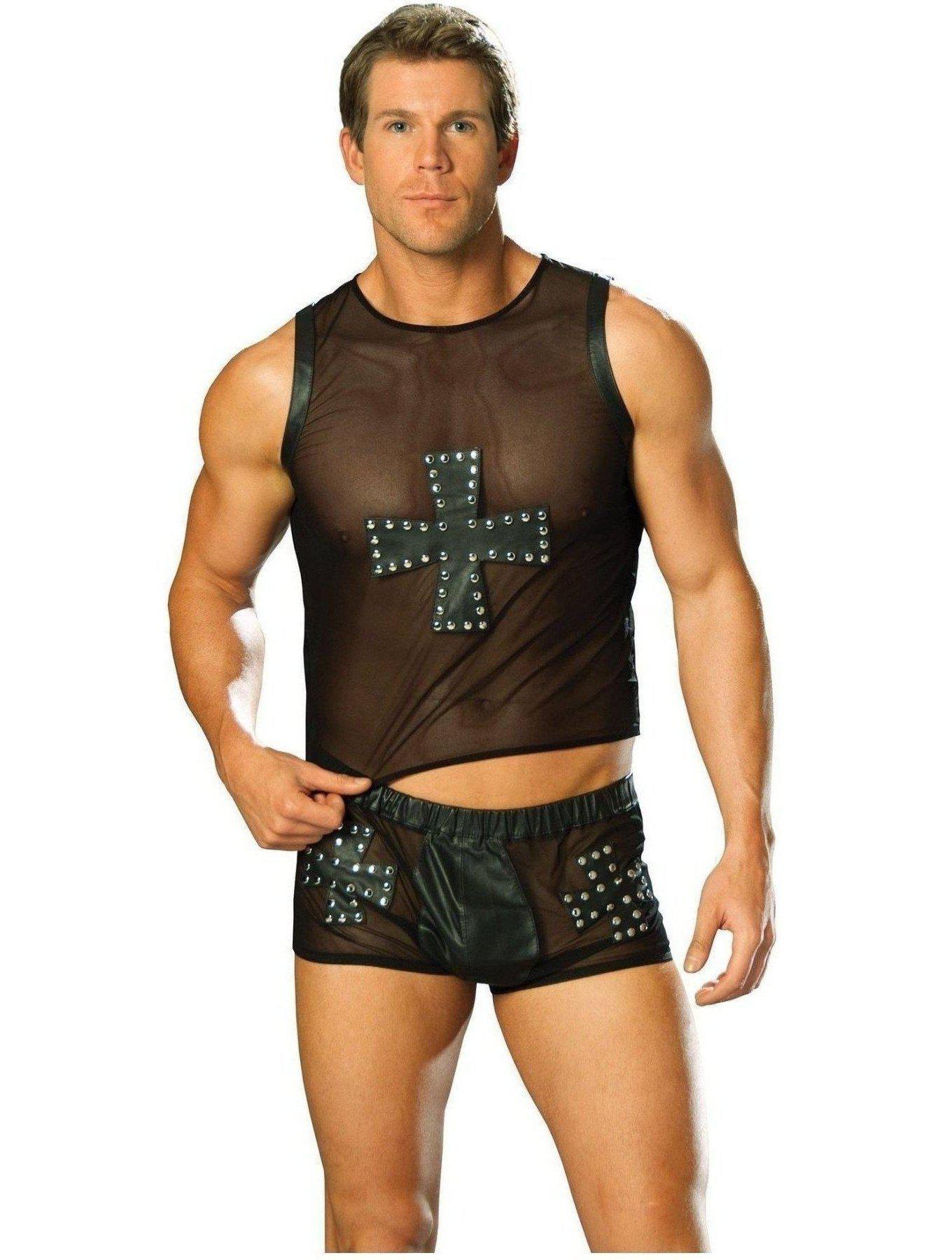 Elegant Moments L9285 Men's Leather and mesh shorts with cross, nail head detail Elegant Moments