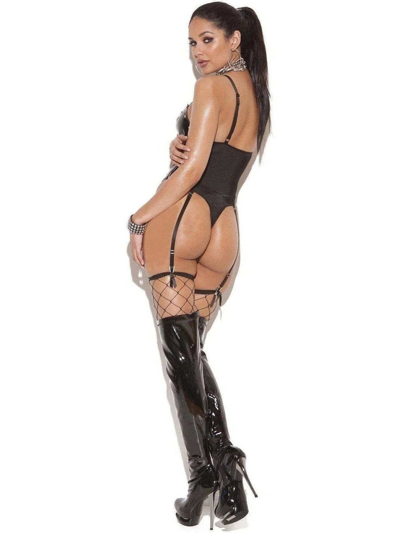 Elegant Moments V2144 Lace Up Vinyl Teddy with Studs and Adjustable Garters - Black Elegant Moments