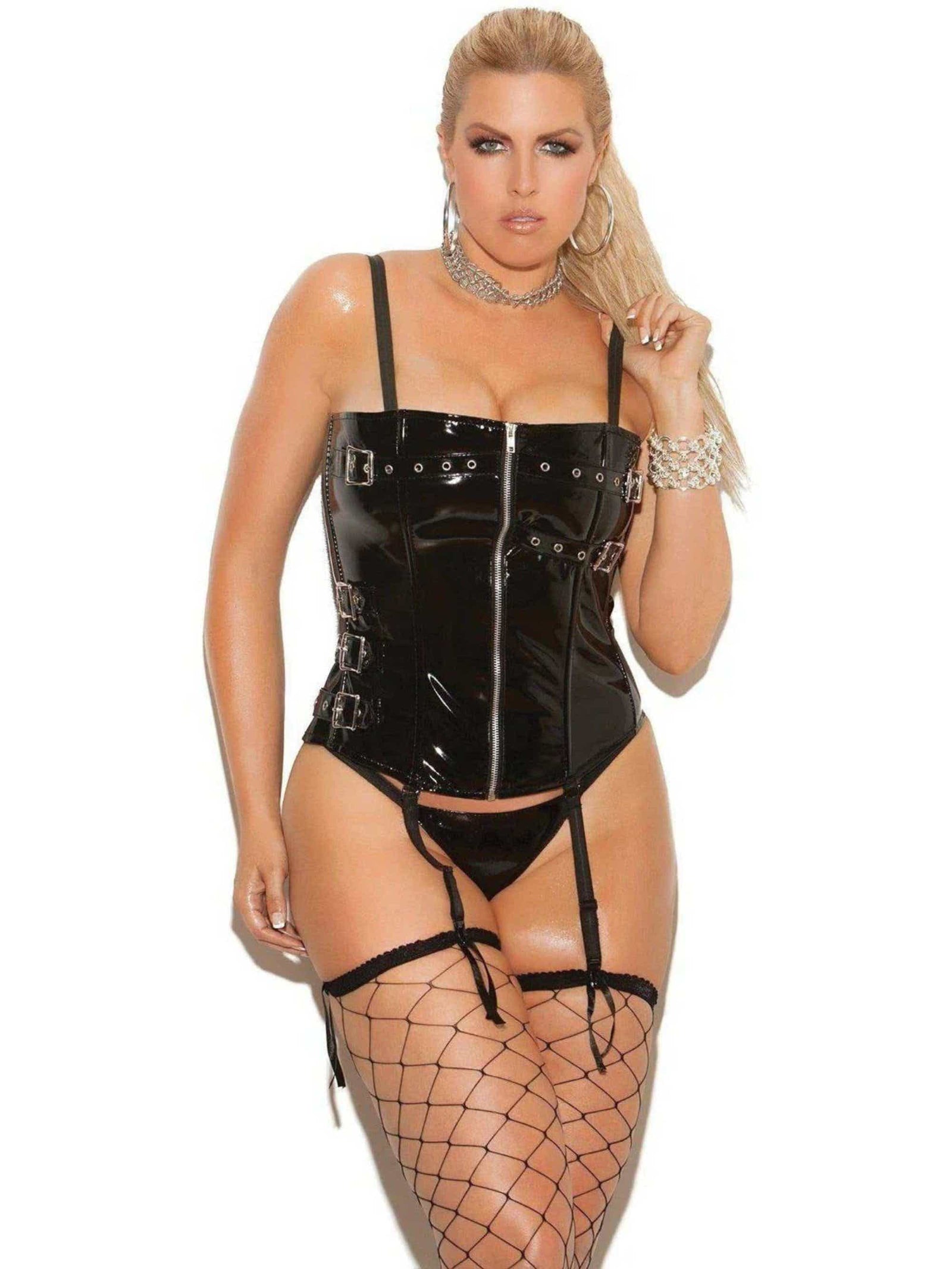 Elegant Moments V3145 Vinyl Zip Front Corset with Buckle Detail, Boning, Adjustable Straps - vinyl corset