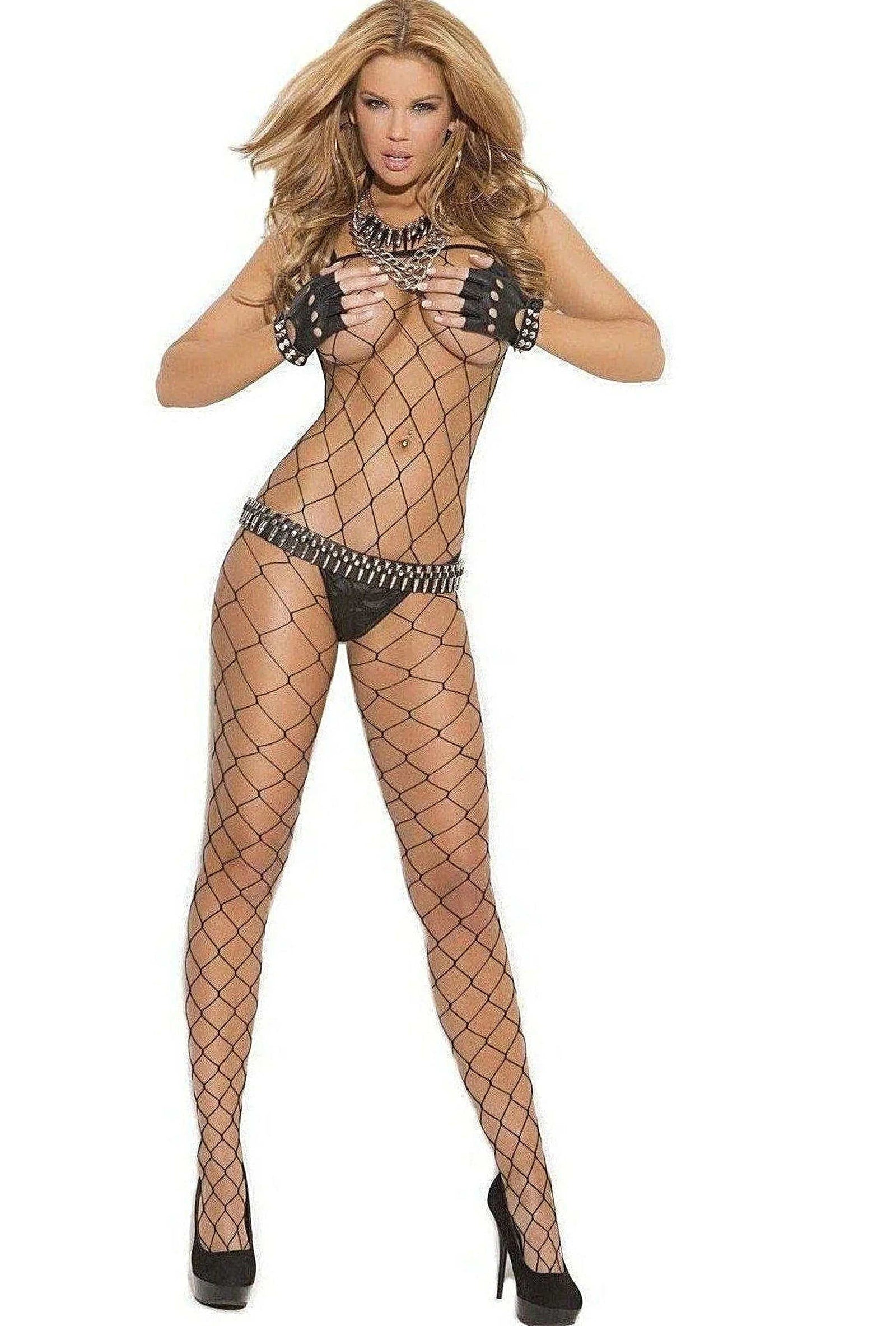 Elegant Moments Plus Size Bodystocking Diamond Net Open Crotch in Black Elegant Moments