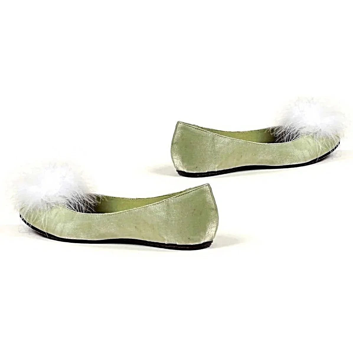 Ellie Shoes 016-Tinker Flat Satin Shoes for Women - Green Satin with White Marabou, Sizes 5-11 - Pumps