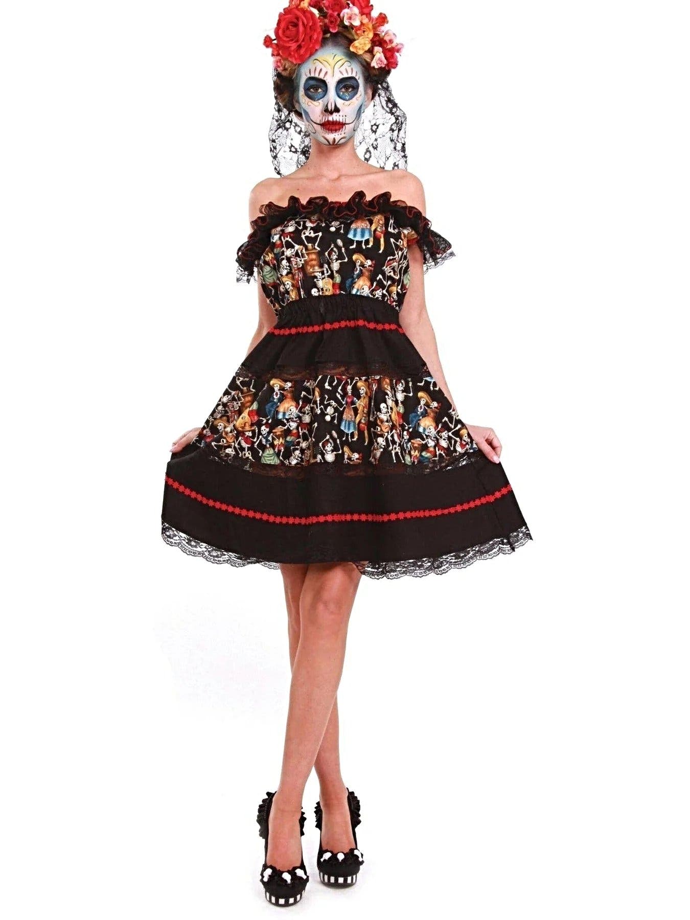 Ellie Shoes 414-Dia 4" Heel Flower Skull Costume Pumps - Black/White & Multi, Sizes 5-12 - Women's Costume pumps