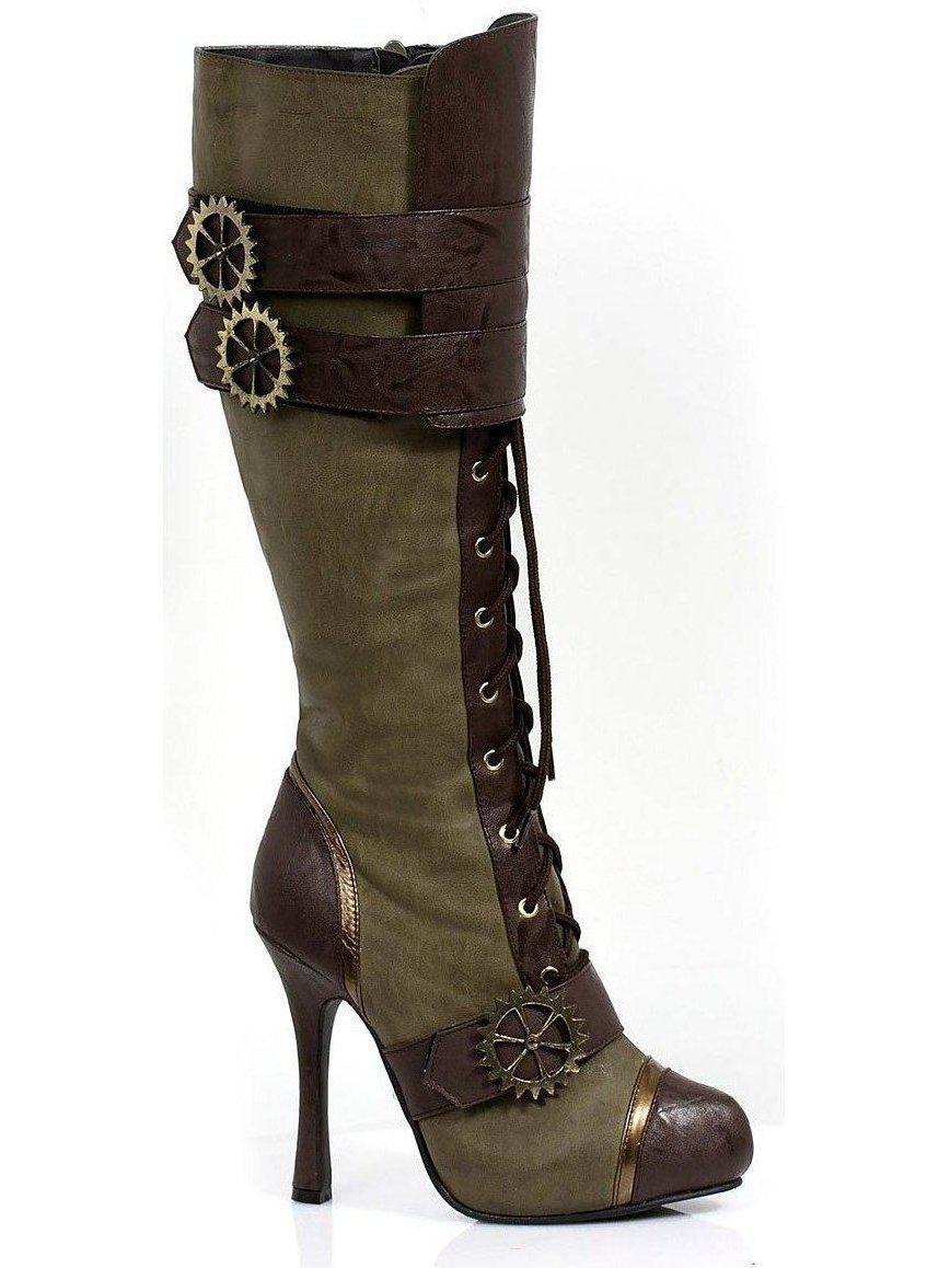 Ellie Shoes 420-Quinley 4" Knee High Steampunk Boots With Laces - Brown & Green, Sizes 6-12 Ellie Shoes