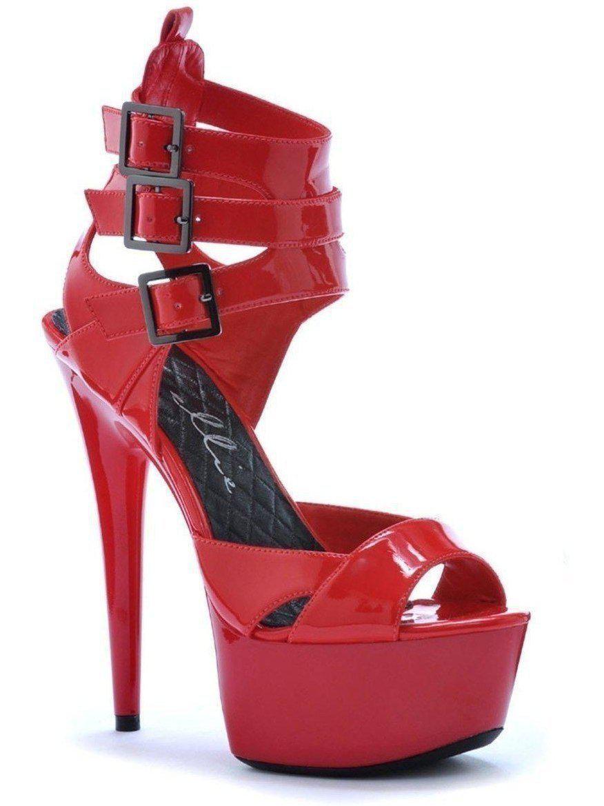 Ellie 609-Athena 6 Inch Heel Platforms, Women's Peep Toe Style with Triple Strap in Black and Red Ellie Shoes
