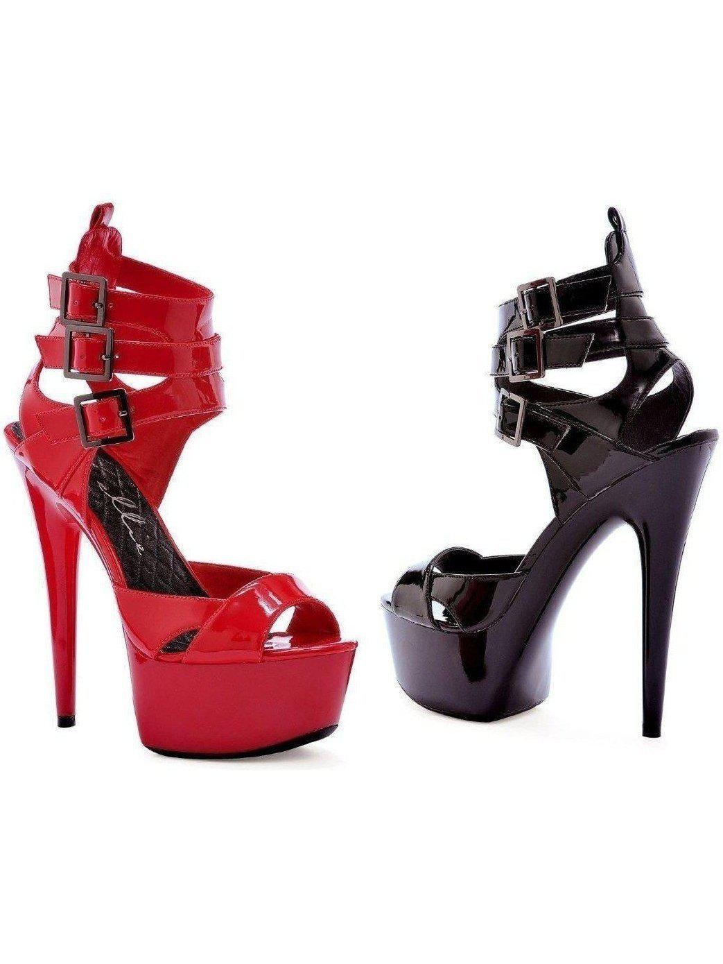 Ellie 609-Athena 6 Inch Heel Platforms, Women's Peep Toe Style with Triple Strap in Black and Red Ellie Shoes