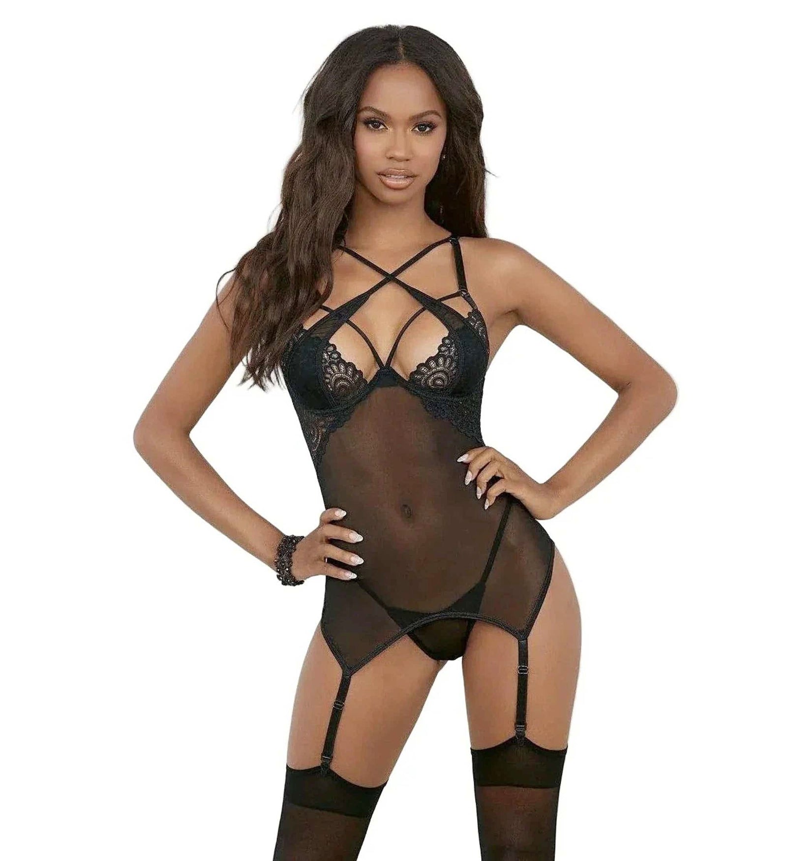 Escante 36784H Sexy Strappy Bustier with Garters and Hose in Black - Sizes S-M-L Escante