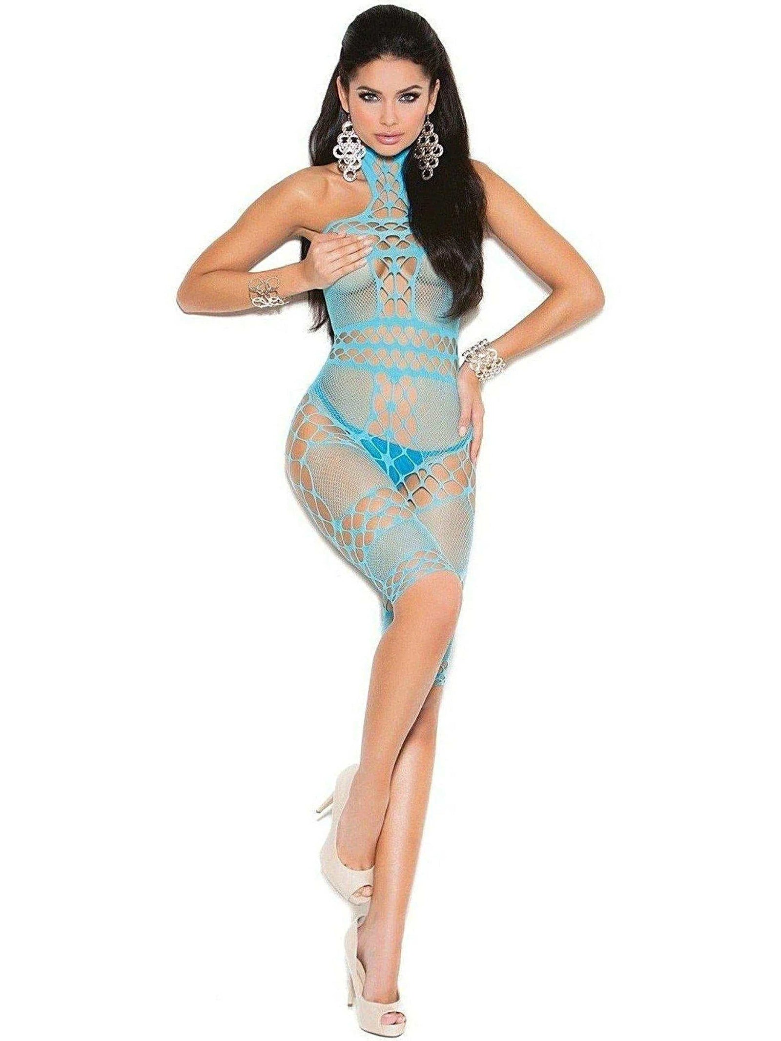 VivaceTurquoise Crochet and Fishnet Halter Neck Mid Length Bodystocking Elegant Moments