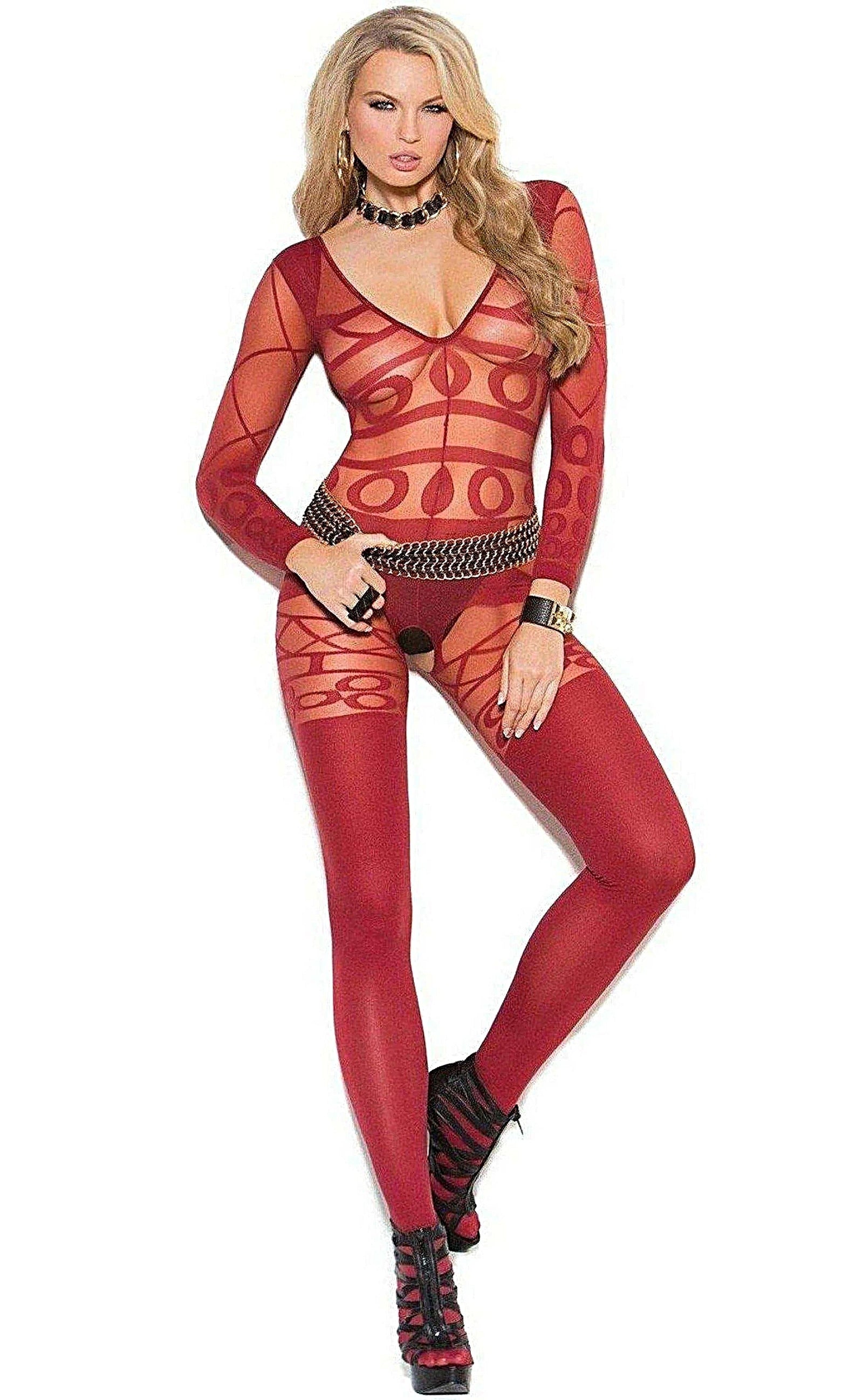 Vivace Long Sleeve Sheer Opaque Bodystocking in Burgundy - Bodystocking