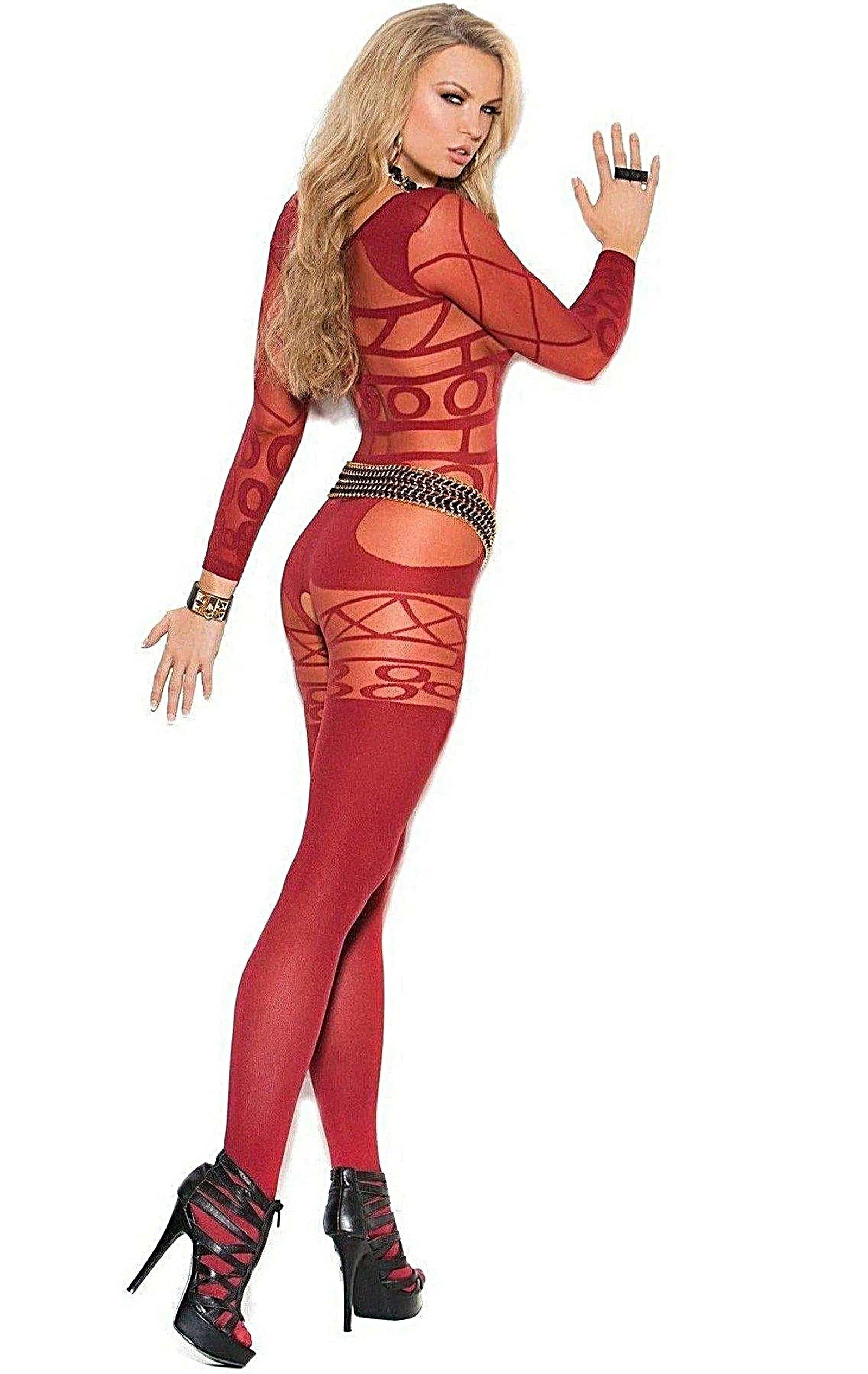 Vivace Long Sleeve Sheer Opaque Bodystocking in Burgundy - Bodystocking