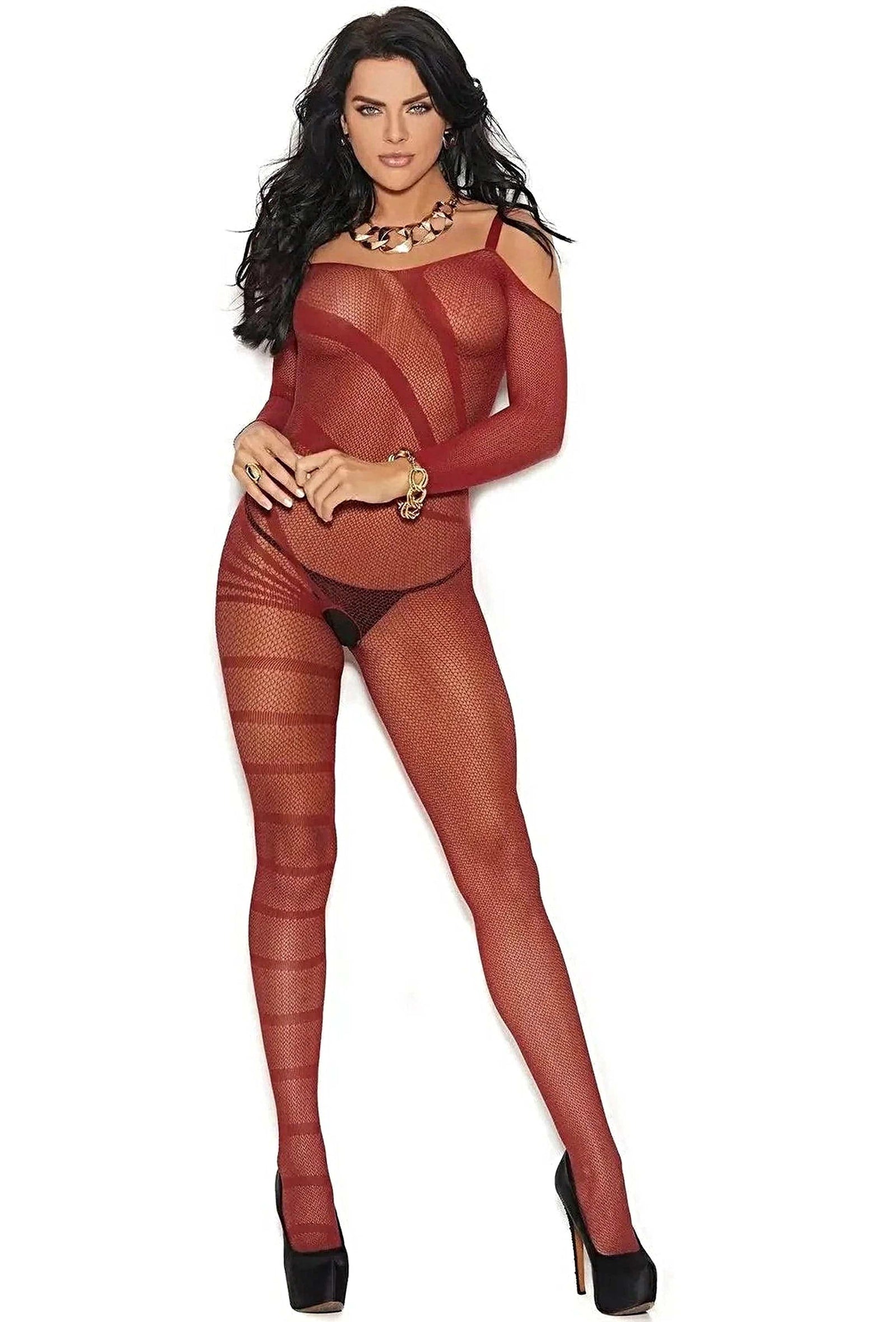 Vivace EM-82120 Crochet Burnout Cold Shoulder Bodystocking - Bodystocking