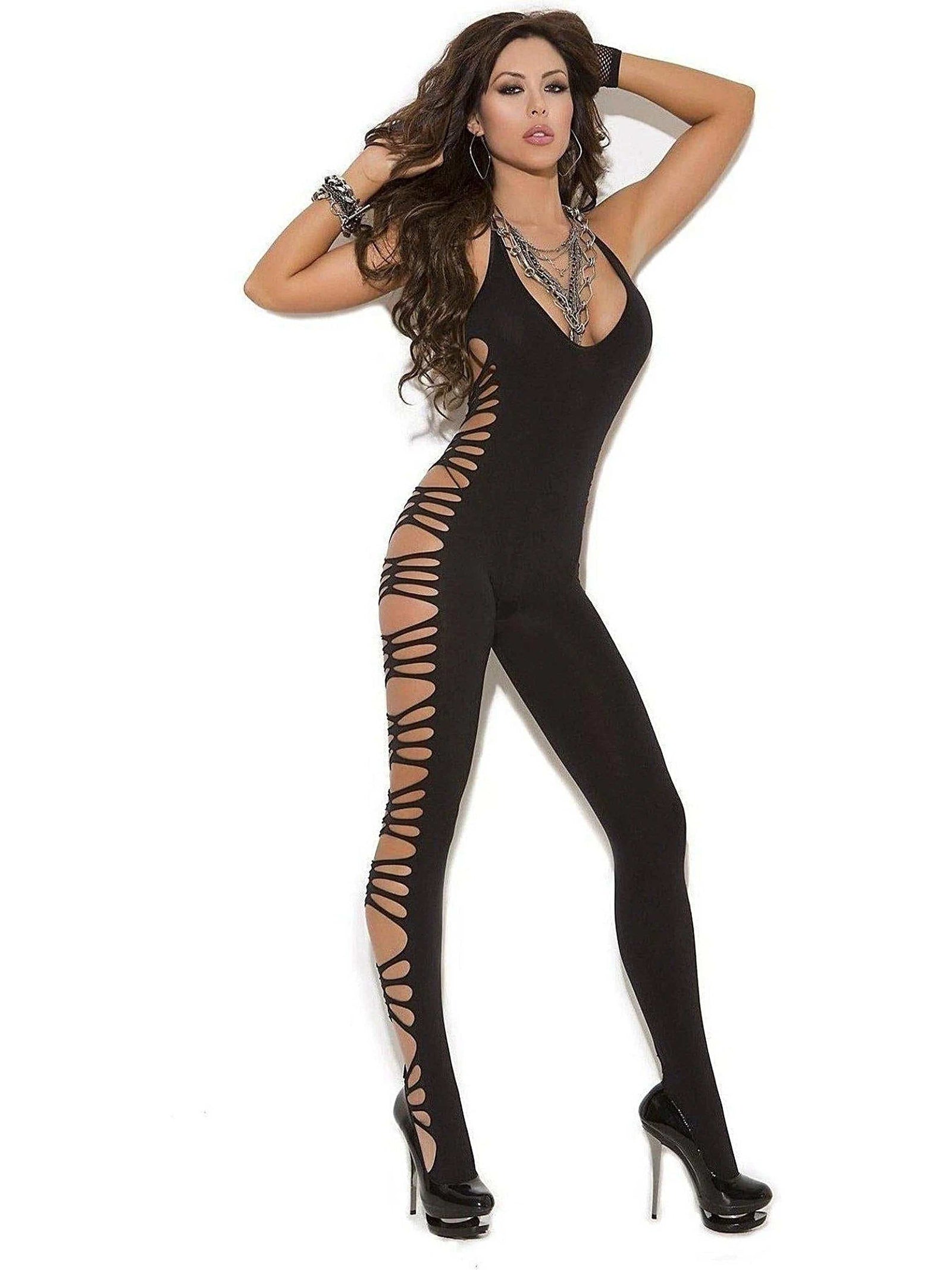 Vivace Deep V Bodystocking with Cut Out Side Detail - Elegant Black Lingerie Elegant Moments