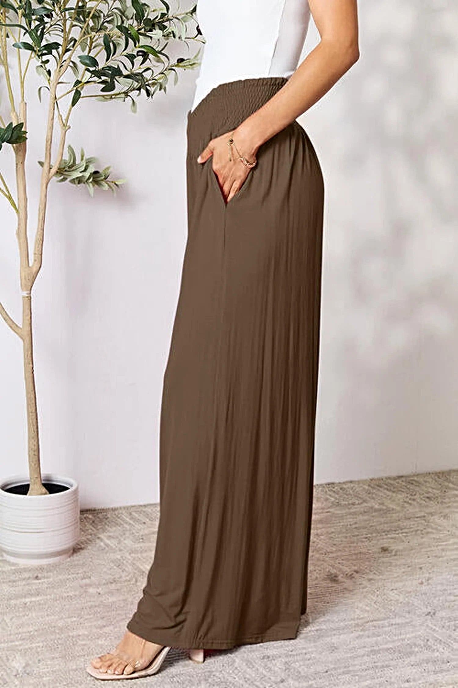 Elegant Wide Leg Pants with Smocked Waistband - Opaque Comfort in Sizes S-3XL Trendsi