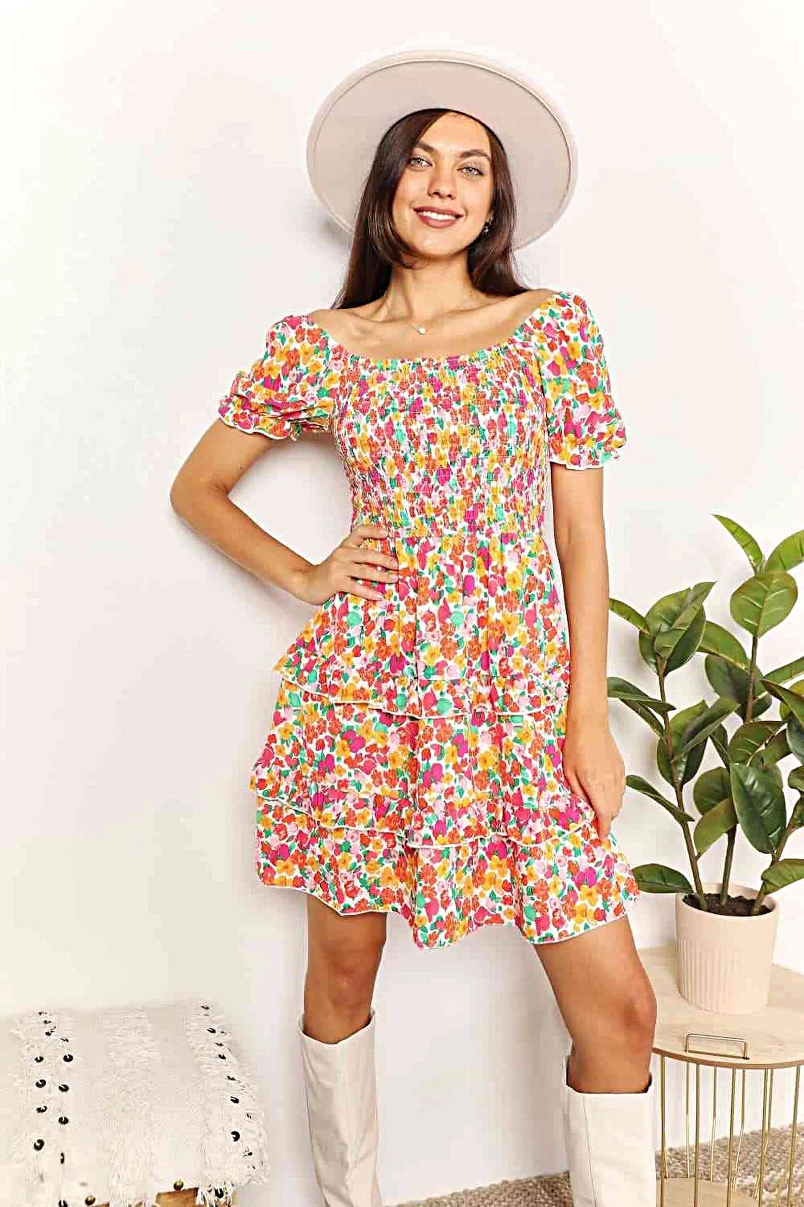 Smocked Sweetheart Dress with Flounce Sleeves - Floral Mini Dress for Effortless Elegance Trendsi