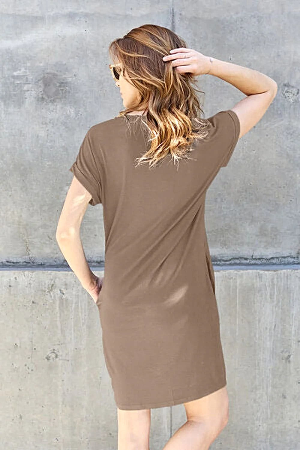 Casual Short Sleeve Dress With Pockets - Basic Bae Full Size Round Neck Style Trendsi