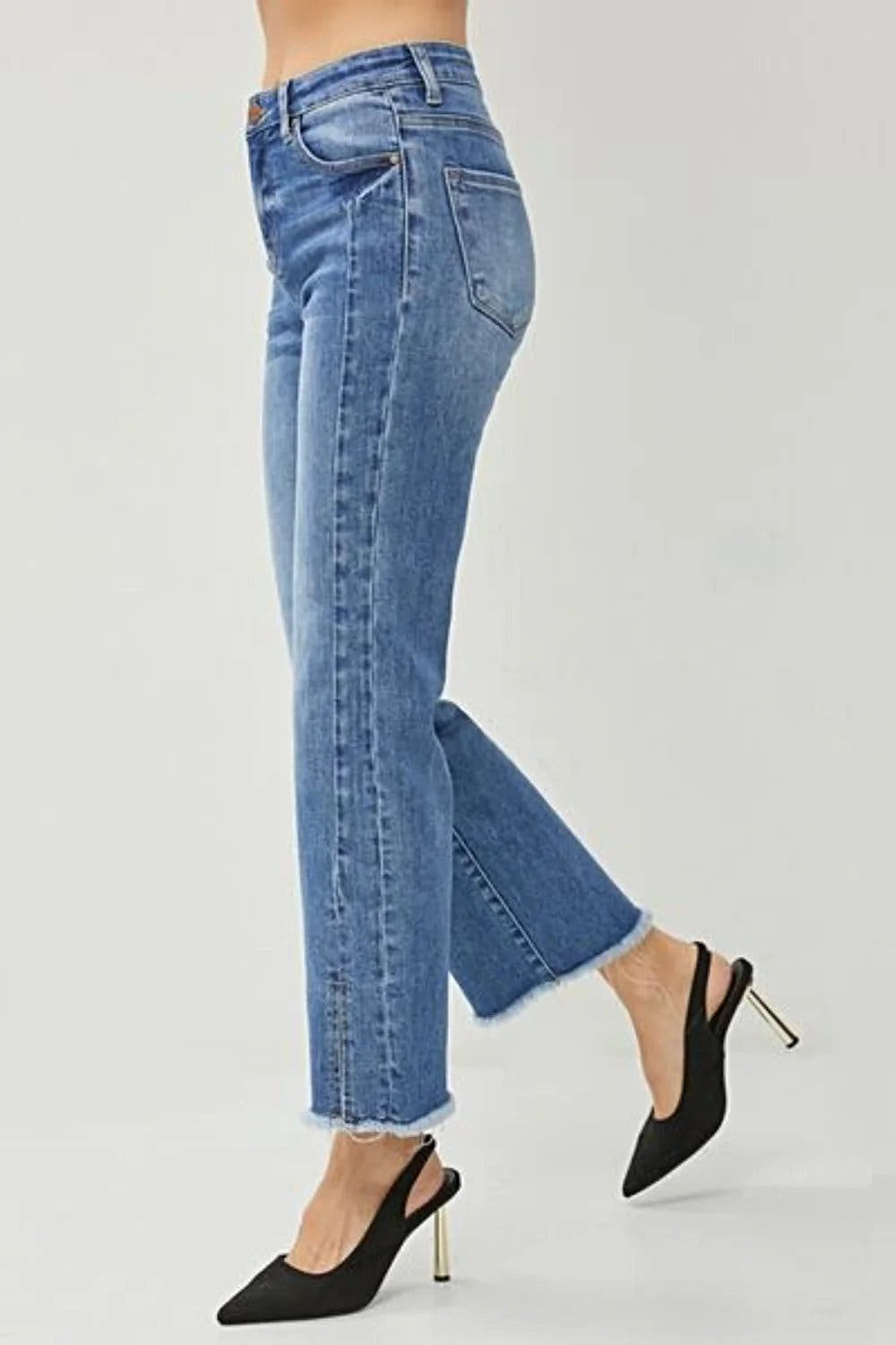 RISEN High Waist Raw Hem Slit Straight Jeans - Jeans