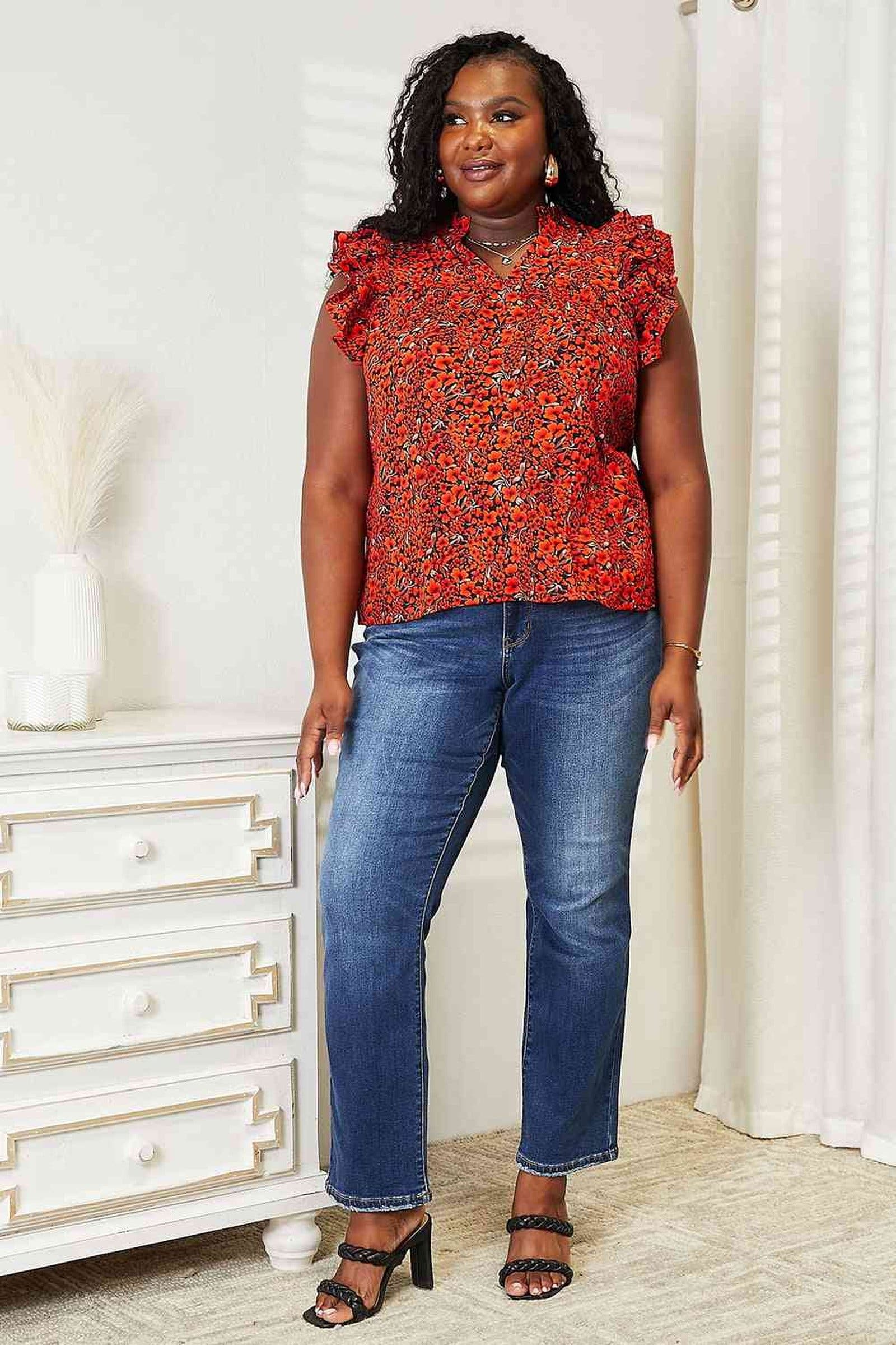 Elegance Redefined: Floral Flutter Sleeve Blouse With Chic Notched Neckline Trendsi