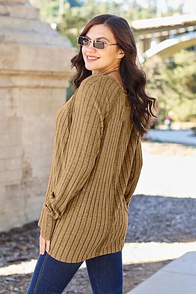 Trendy Ribbed Long Sleeve Top - Basic Bae Opaque Knit with Slight Stretch in Various Sizes Trendsi