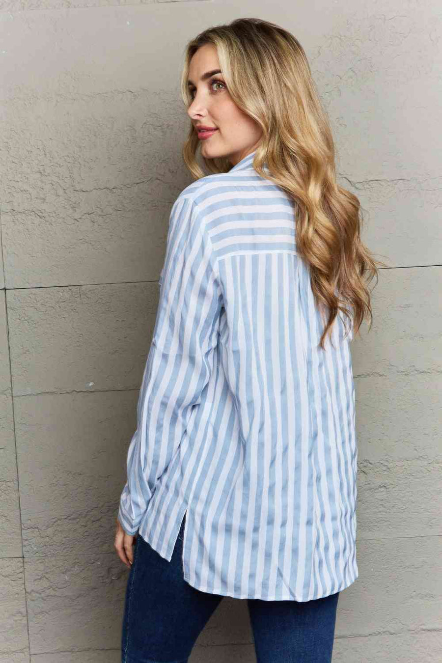 Ninexis Take Your Time Collared Button Down Striped Shirt-Trendsi-Stripe-S-SatinBoutique