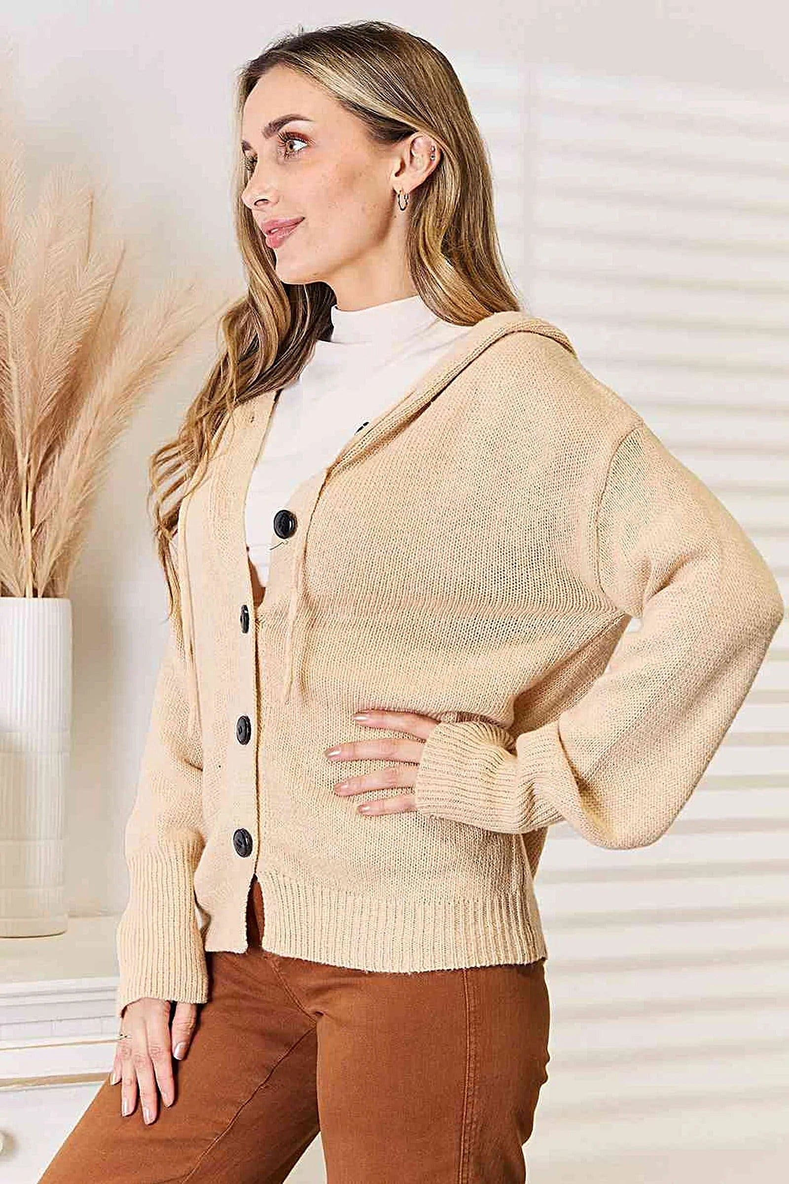 Stylish Woven Right Long Sleeve Hooded Sweater with Button-Down Design for Cozy Comfort Trendsi