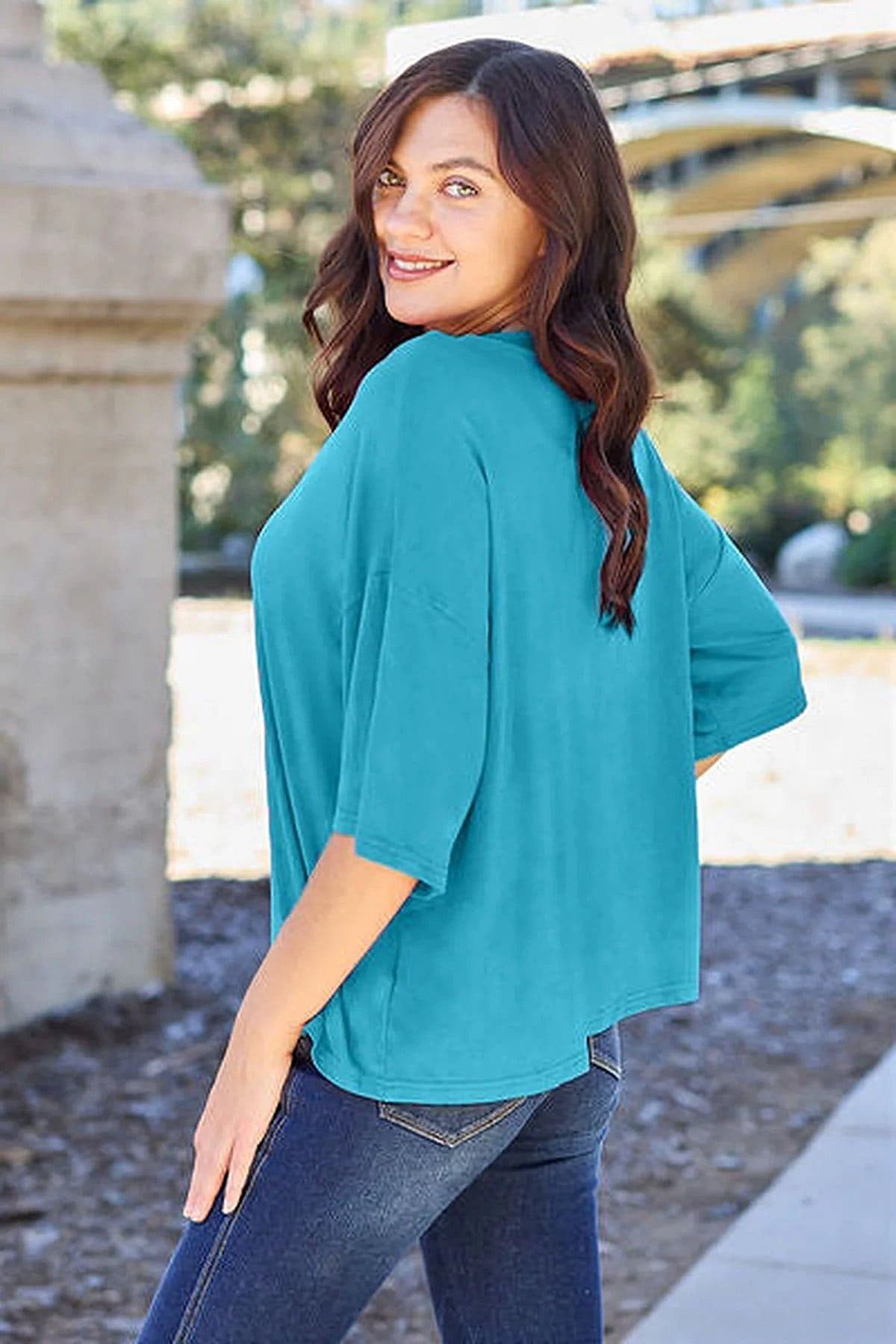 Luxury Opaque Drop Shoulder T-Shirt with Slight Stretch - Full Size, 95% Polyester Trendsi