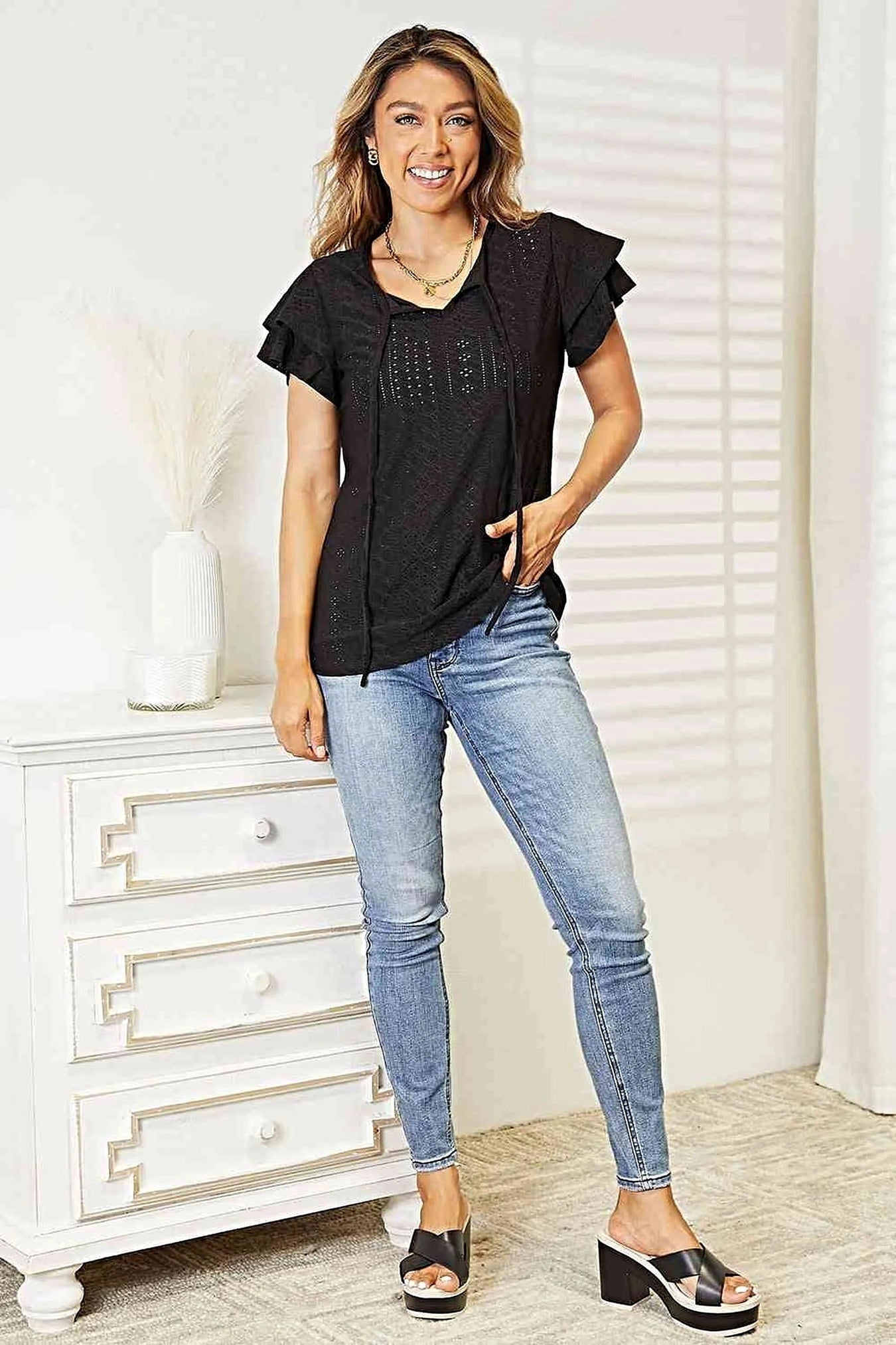 Elegant Double Take Flutter Sleeve Blouse With Eyelet Tie-Neck Design Trendsi
