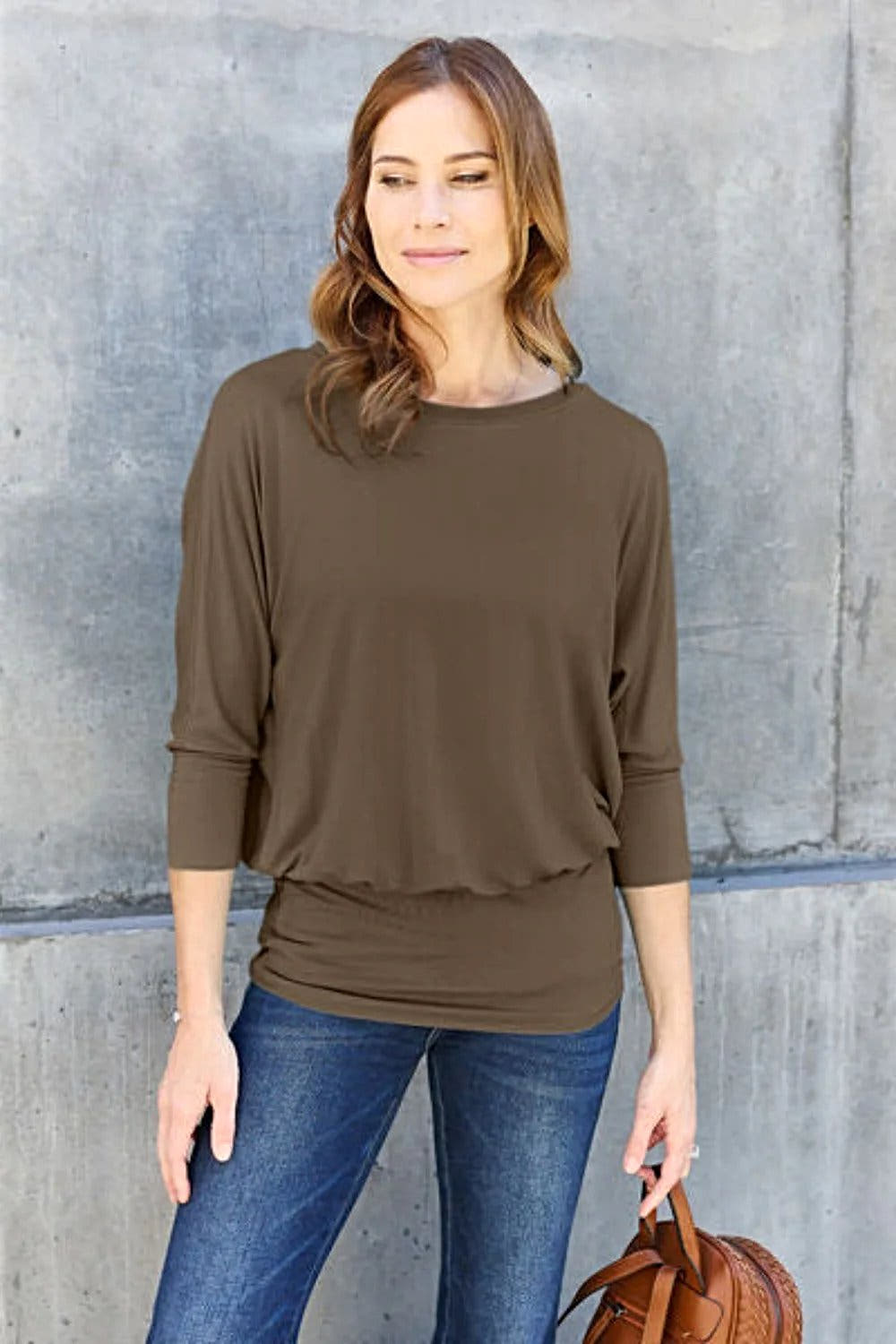 Basic Bae Full Size Round Neck Batwing Sleeve Blouse -