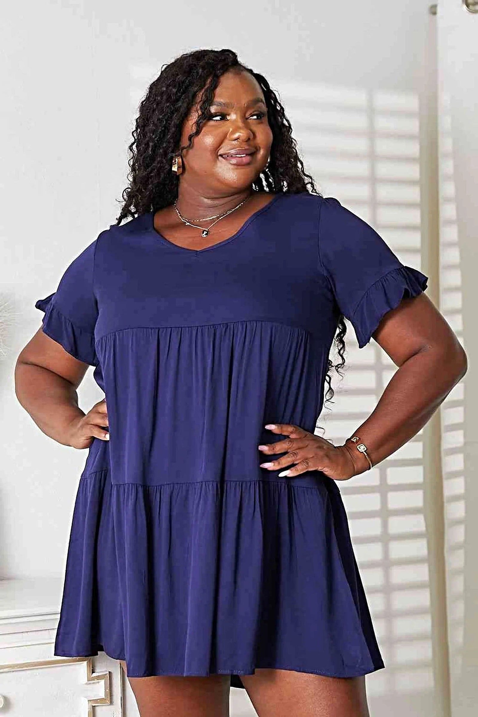 Double Take V-Neck Flounce Sleeve Tiered Dress -