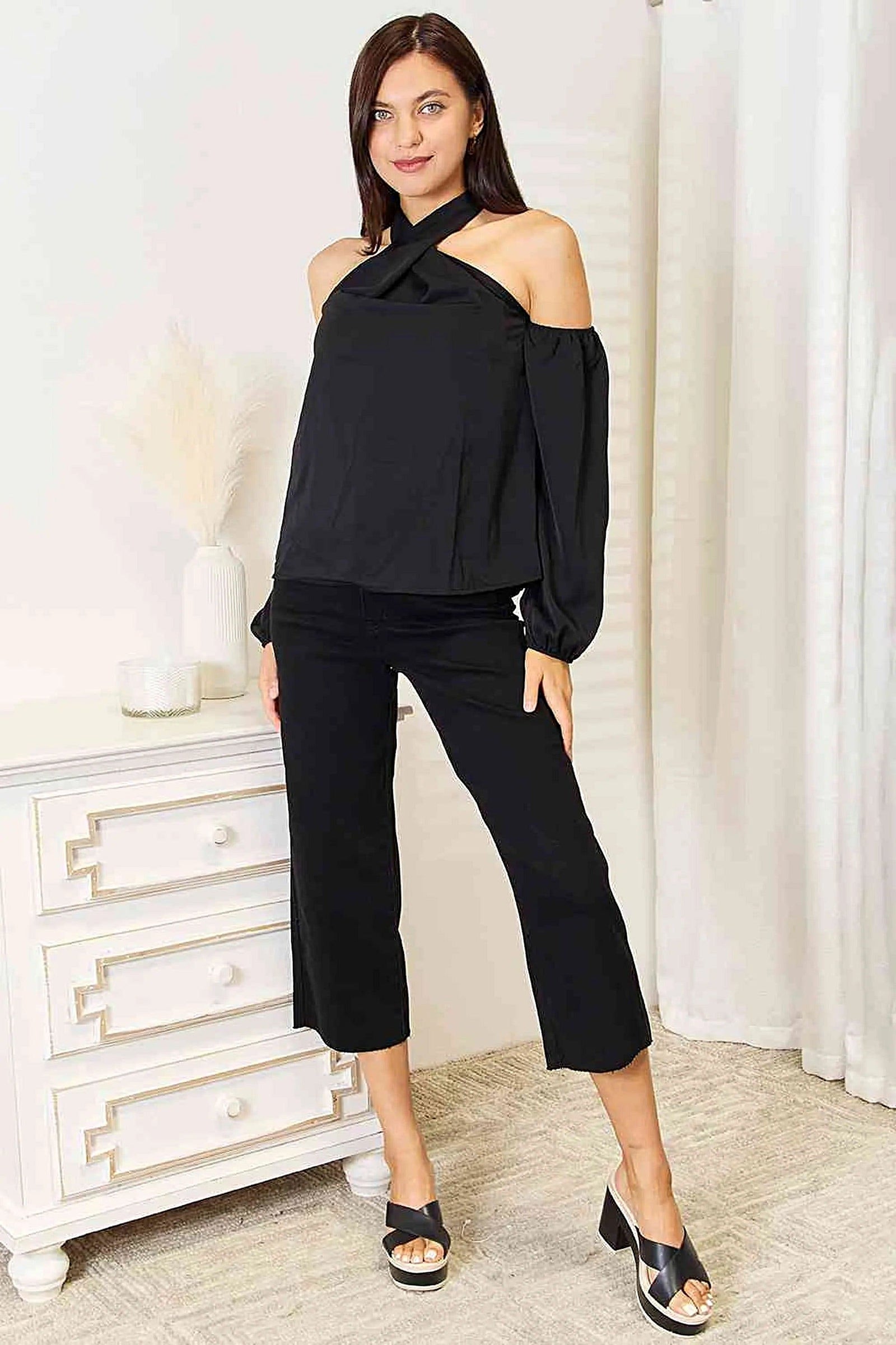 Grecian Cold Shoulder Blouse - Elegant Long Sleeve Design with Feminine Draping and Classic Style Trendsi