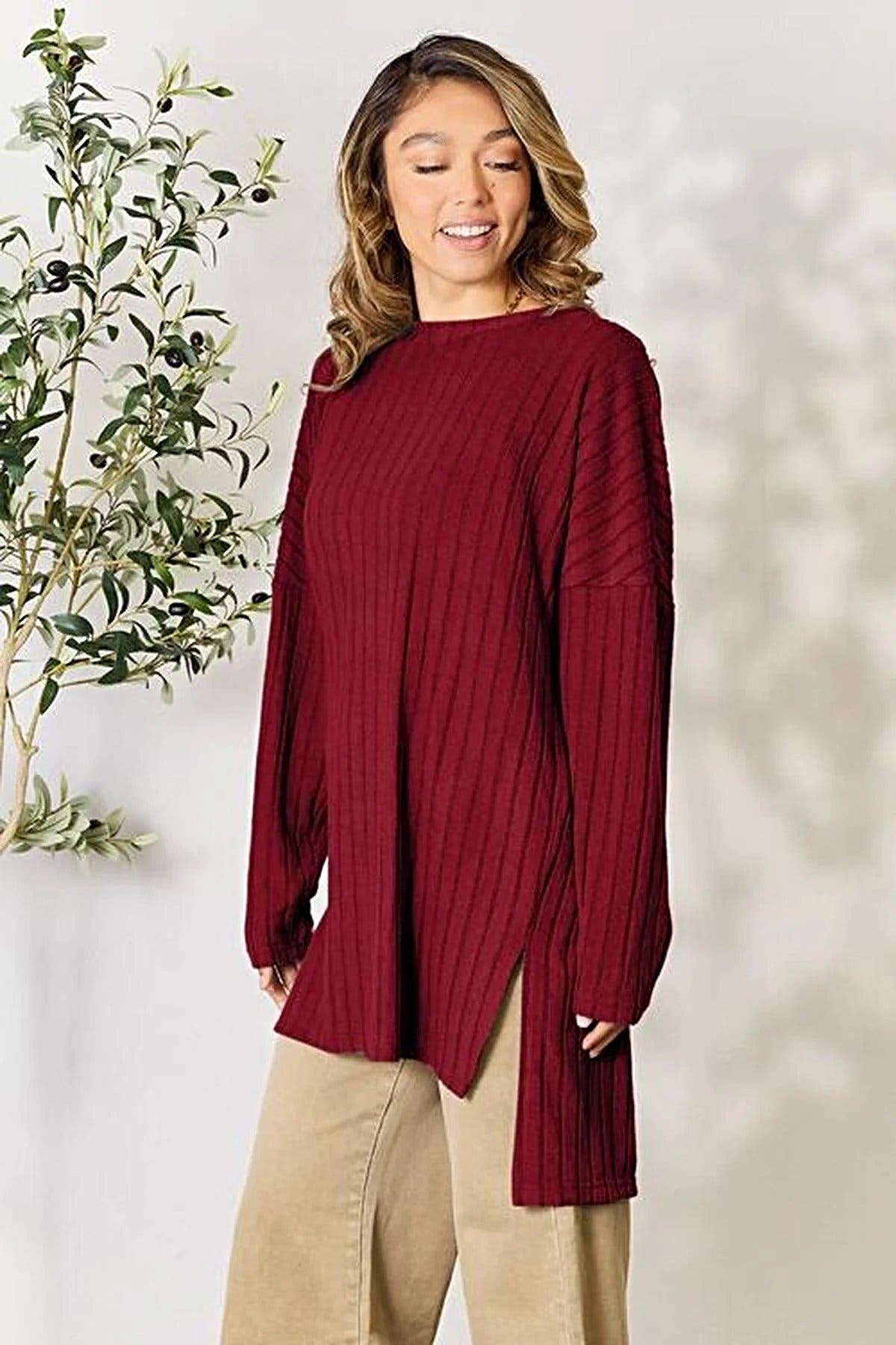 Chic Ribbed Long Sleeve Top with Slit - Basic Bae Full Size Round Neck Design for Effortless Style Trendsi