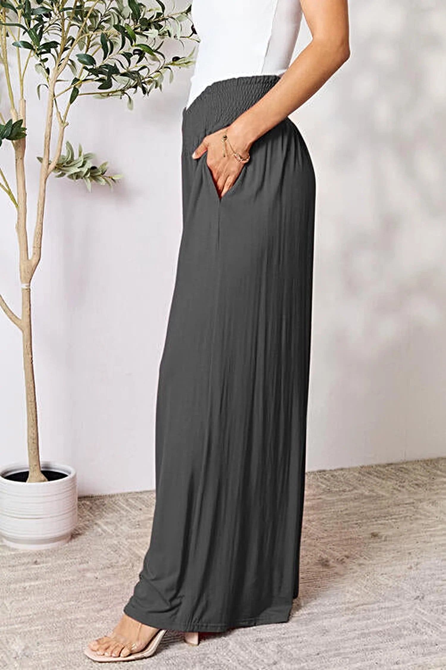 Elegant Wide Leg Pants with Smocked Waistband - Opaque Comfort in Sizes S-3XL Trendsi
