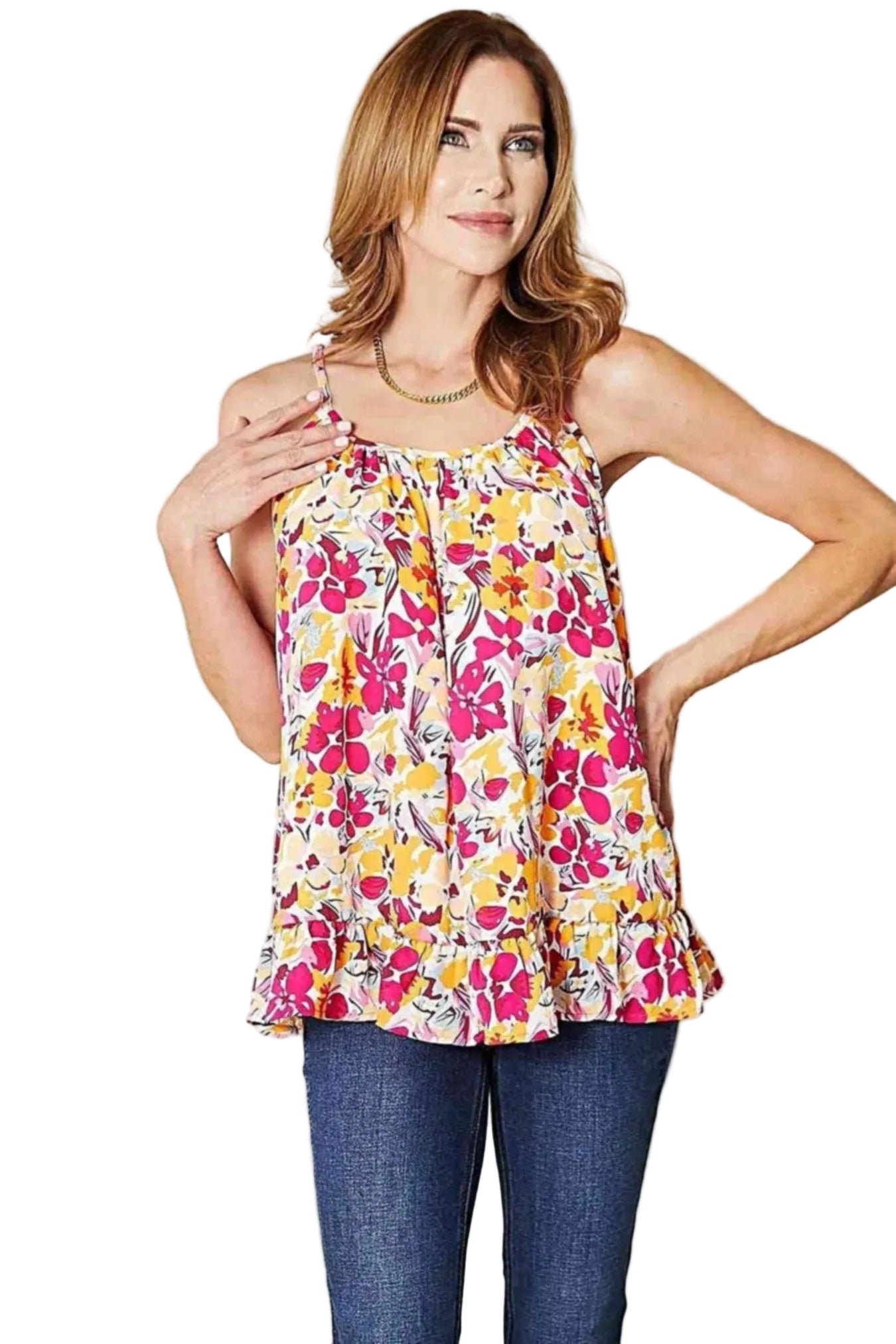 Floral Scoop Neck Cami with Ruffle Hem - Elegant Style for All Sizes, Including Plus -