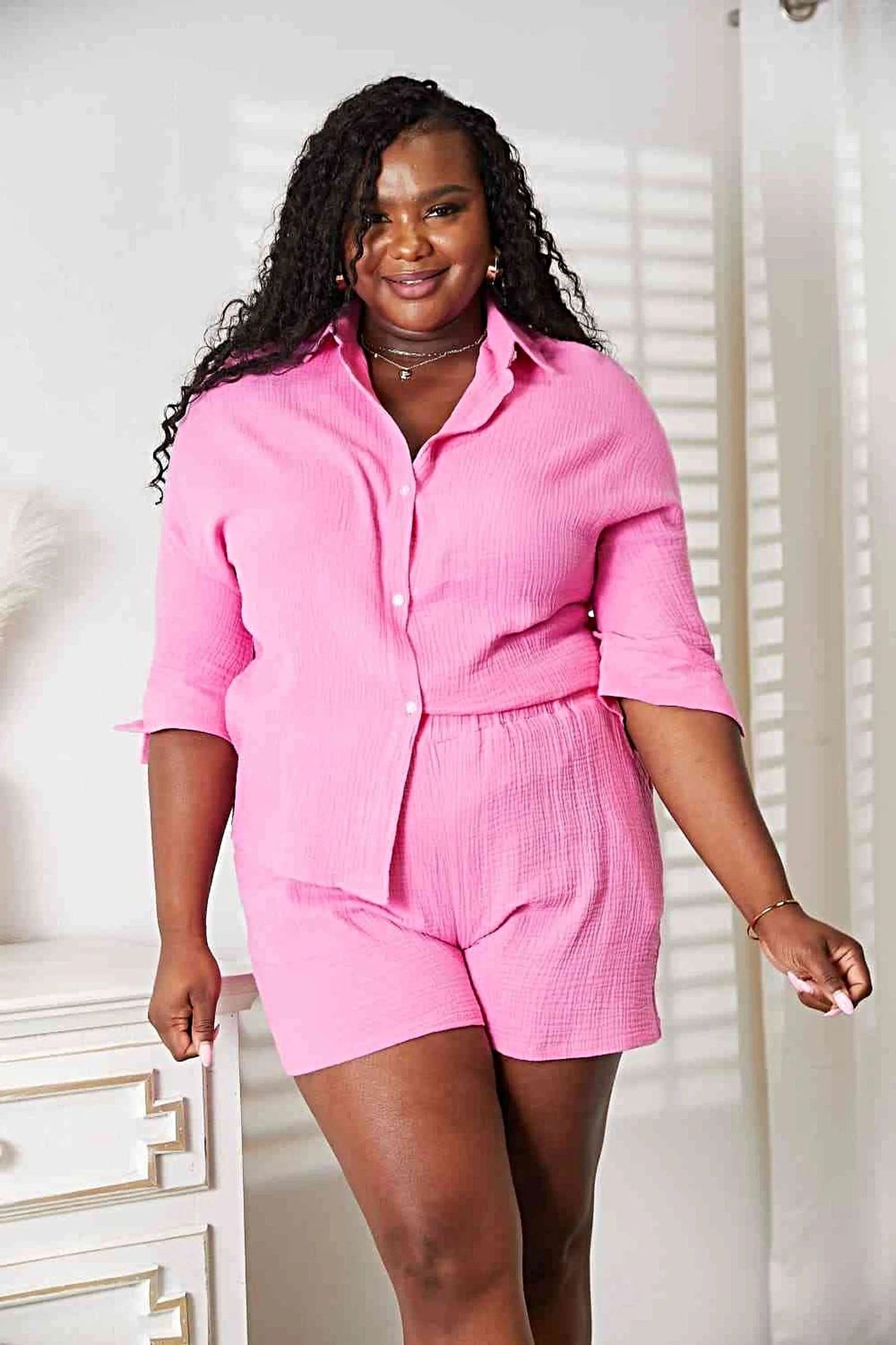 Double Take Two-Piece Summer Outfit: Textured Shirt with Elastic Waist Shorts and Pockets Trendsi