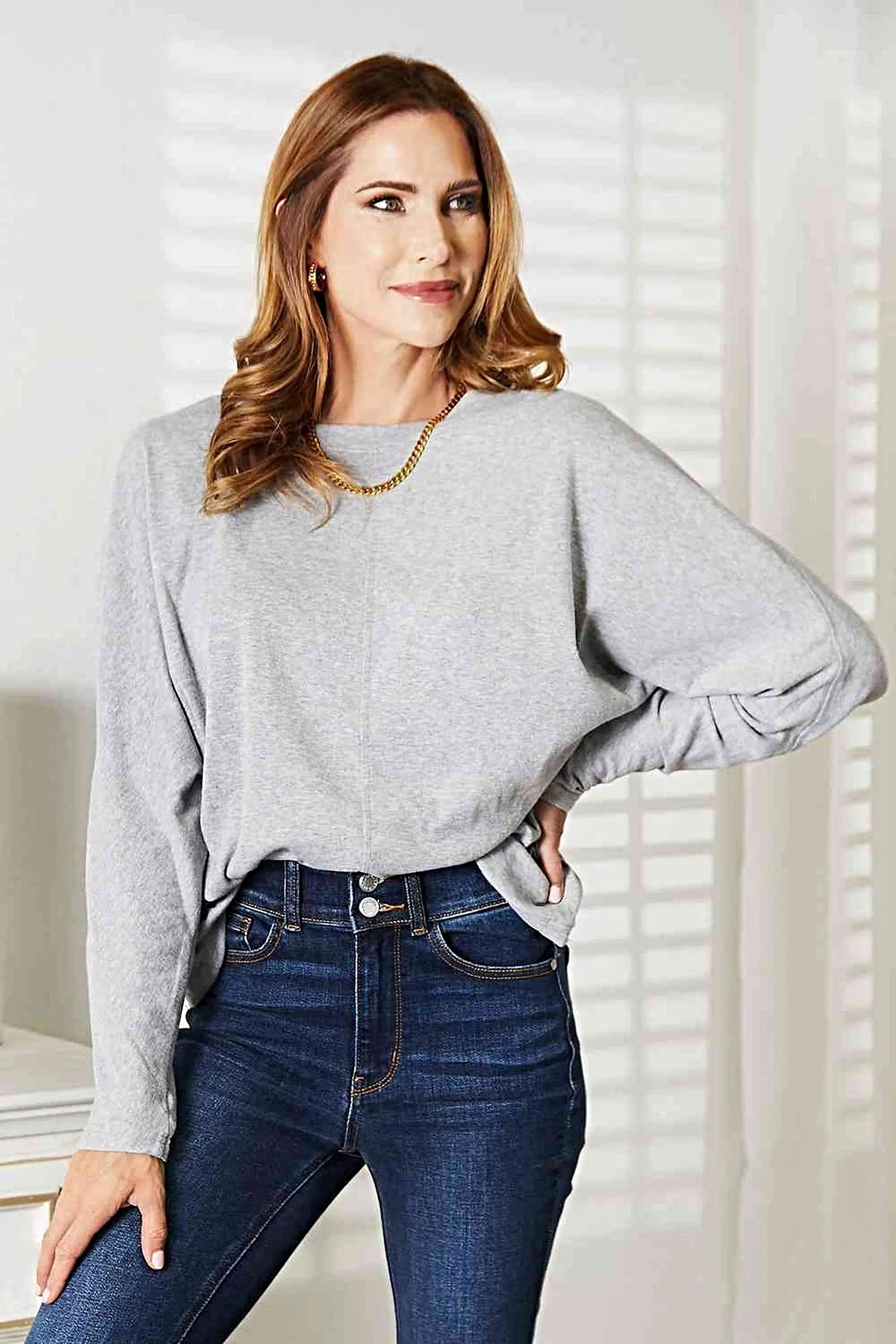 Sophisticated Round Neck Long Sleeve Shirt with Seam Detail – Versatile Basic Top Trendsi