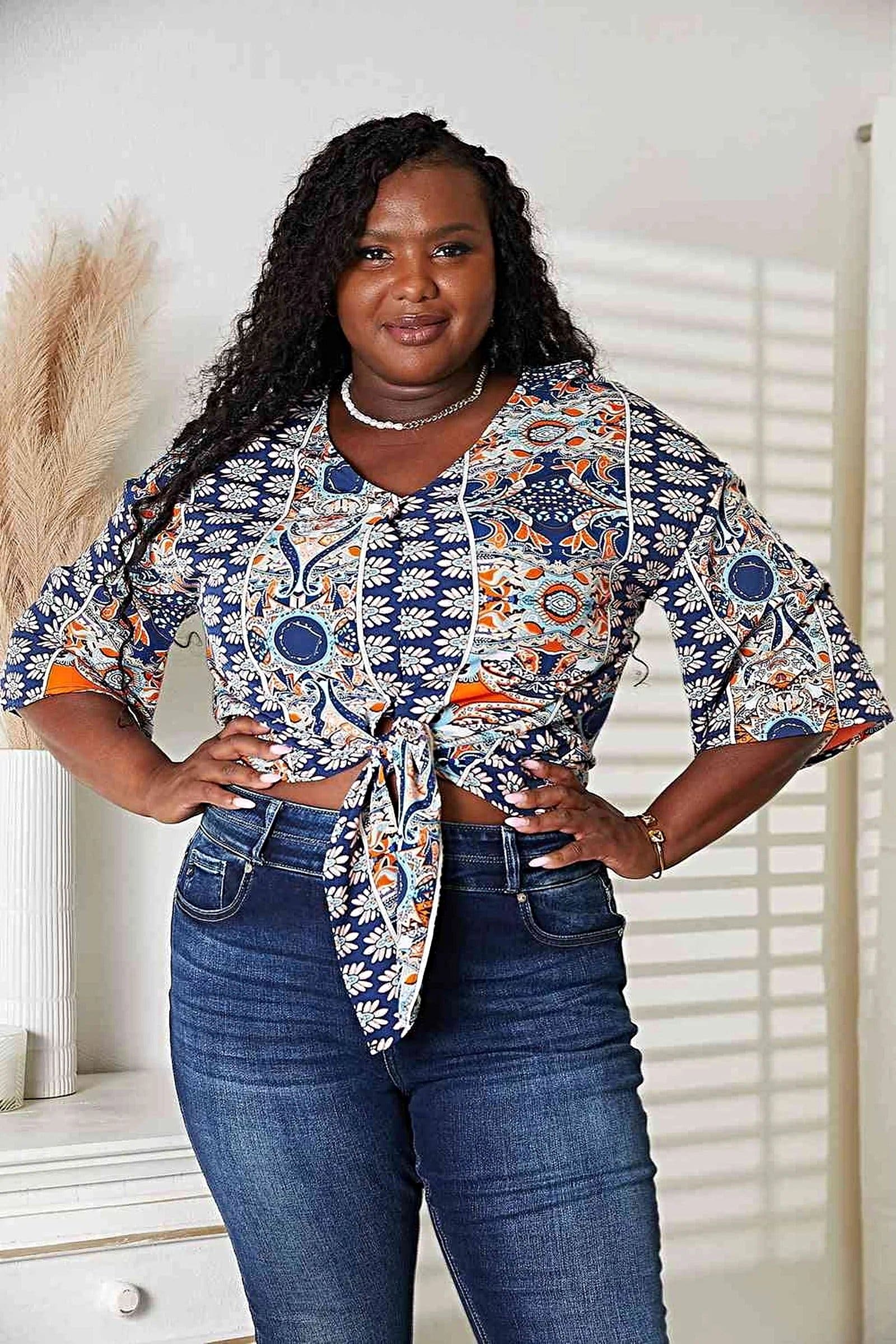 Chic Double Take Three-Quarter Sleeve Blouse with V-Neck and Tie Hem Detail Trendsi