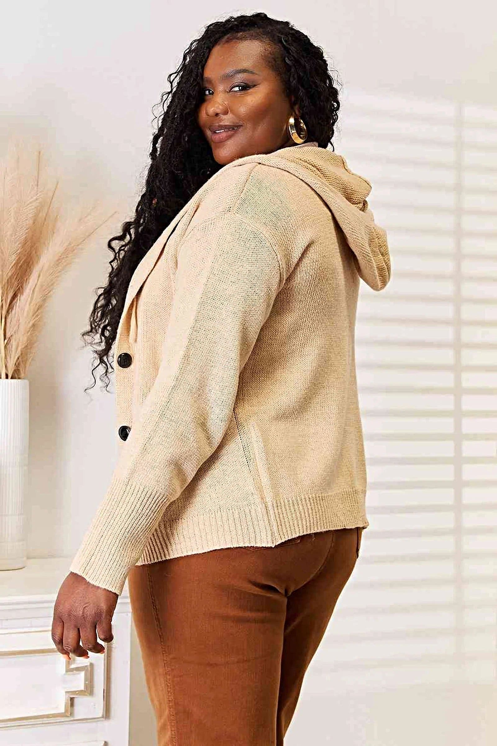 Stylish Woven Right Long Sleeve Hooded Sweater with Button-Down Design for Cozy Comfort Trendsi