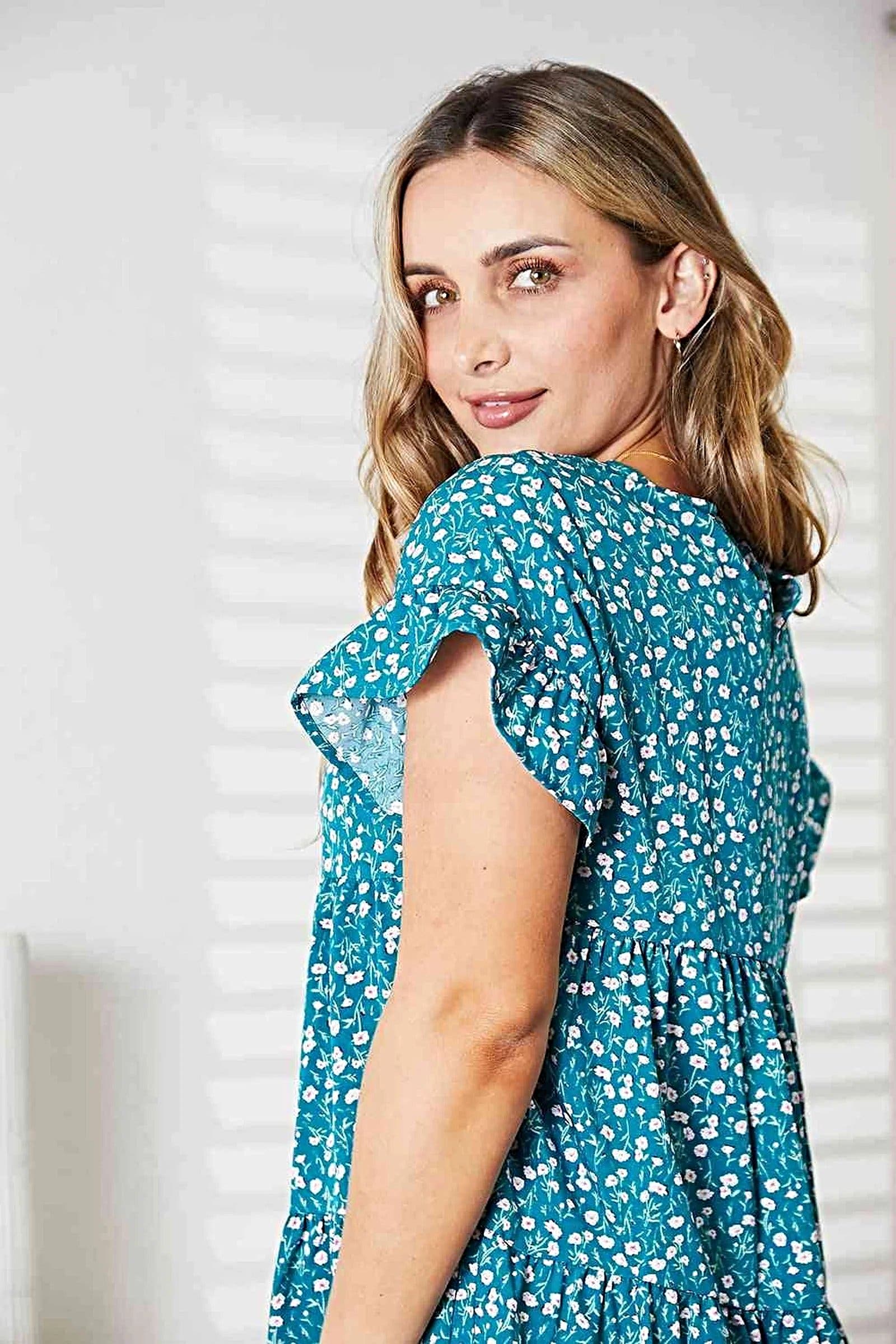 Double Take Short Flounce Sleeve Tiered Dress -