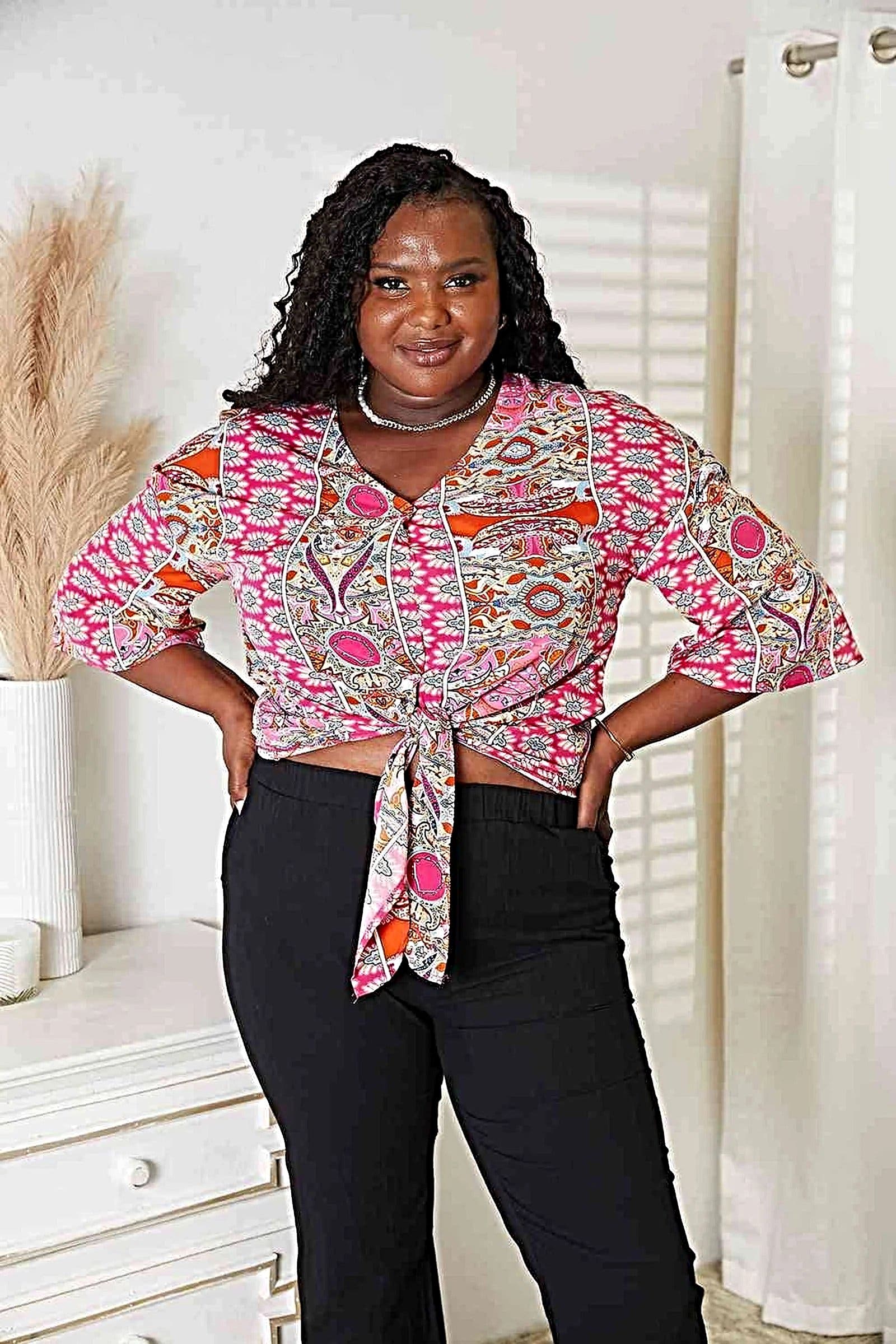 Chic Double Take Three-Quarter Sleeve Blouse with V-Neck and Tie Hem Detail Trendsi