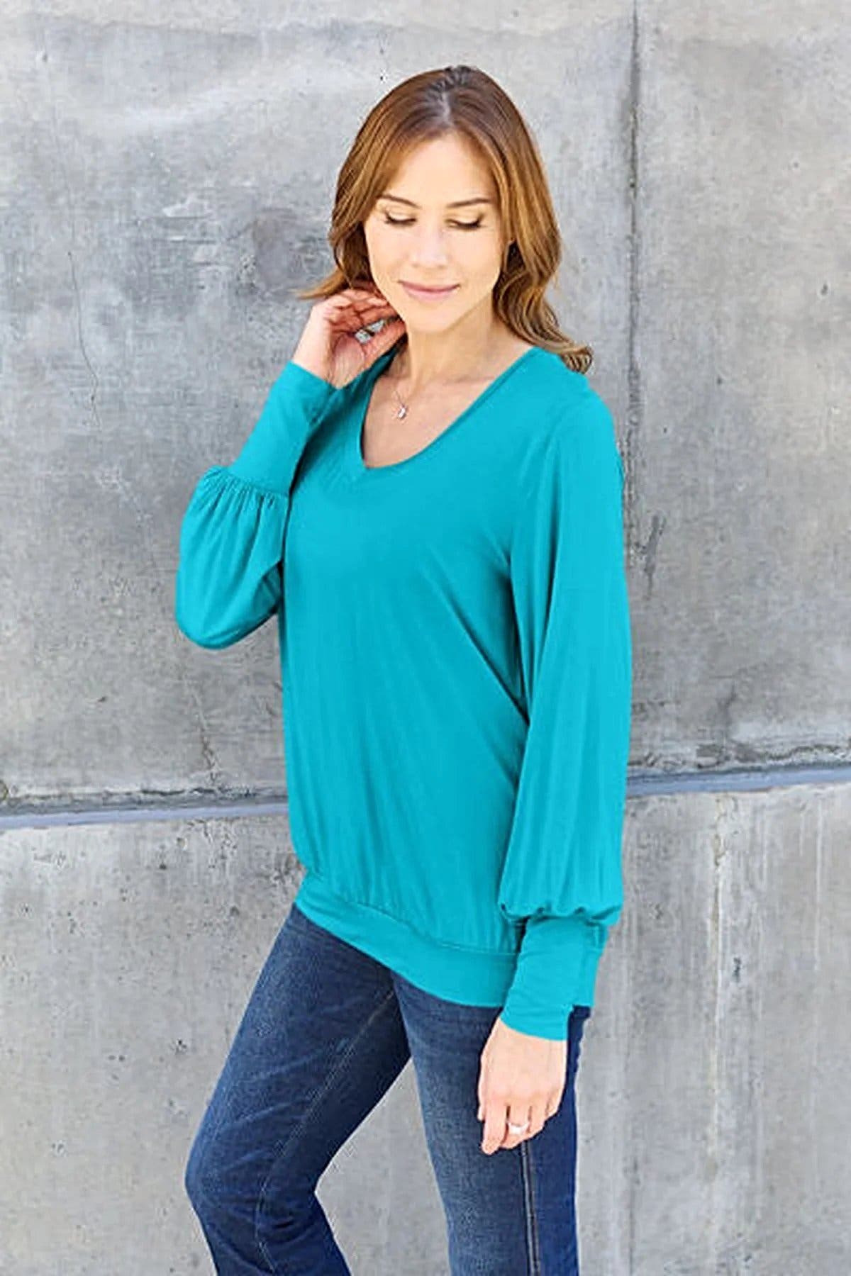 Basic Bae Full Size V-Neck Lantern Sleeve Blouse -