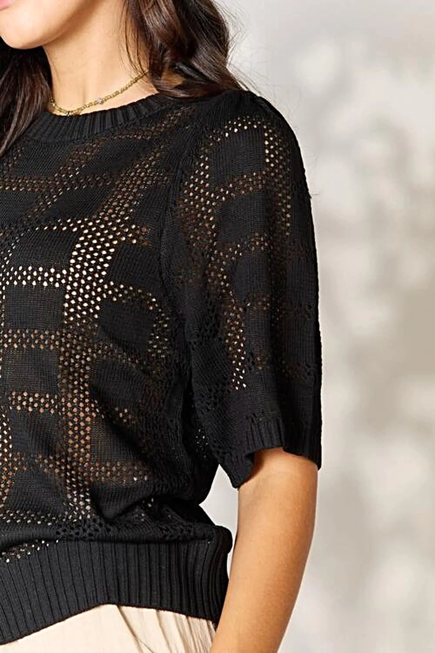Double Take Ribbed Trim Round Neck Knit Top -