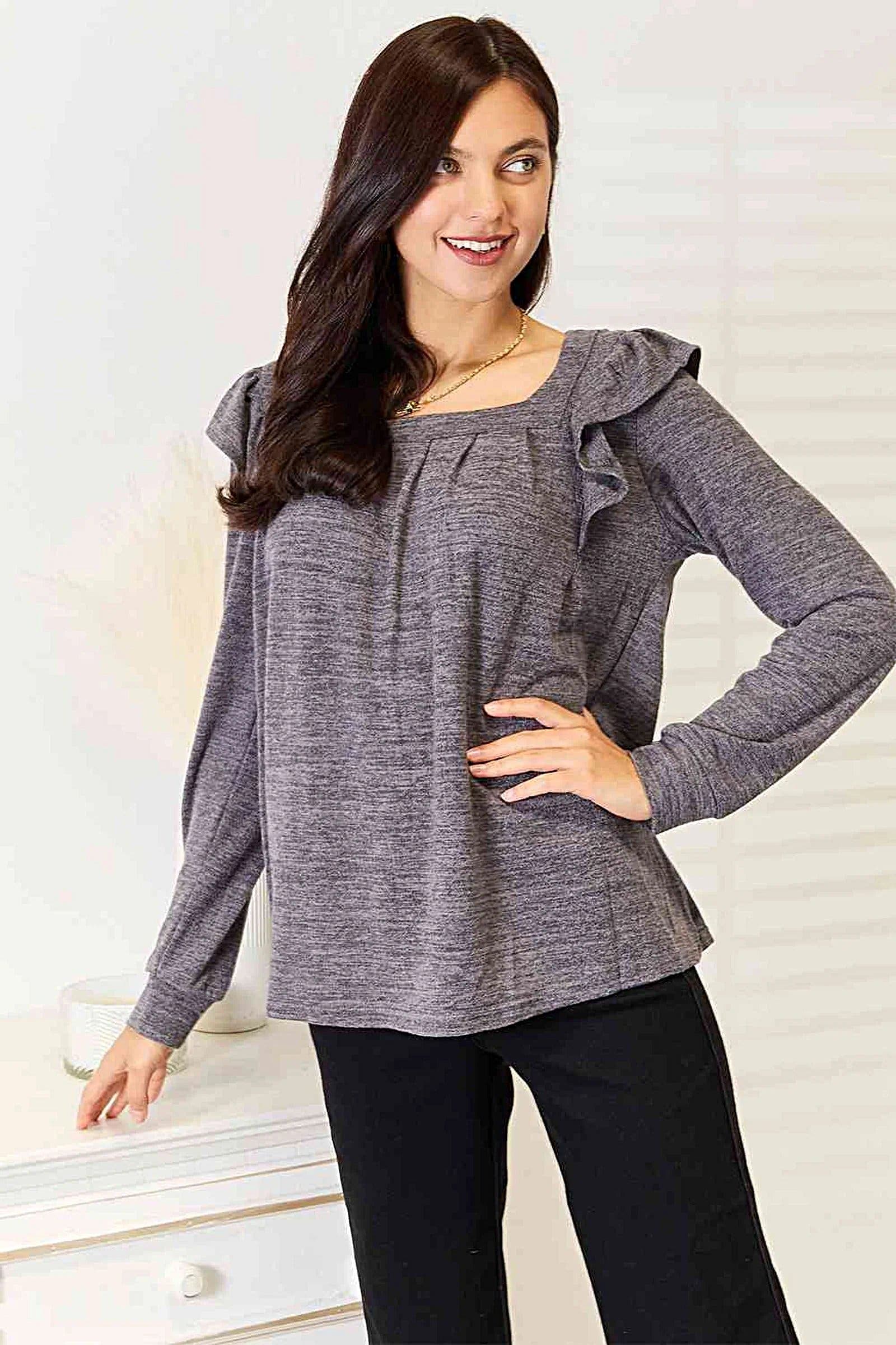 Elegant Ruffle Shoulder Top - Square Neck Long Sleeve T-Shirt in Plus Sizes Trendsi