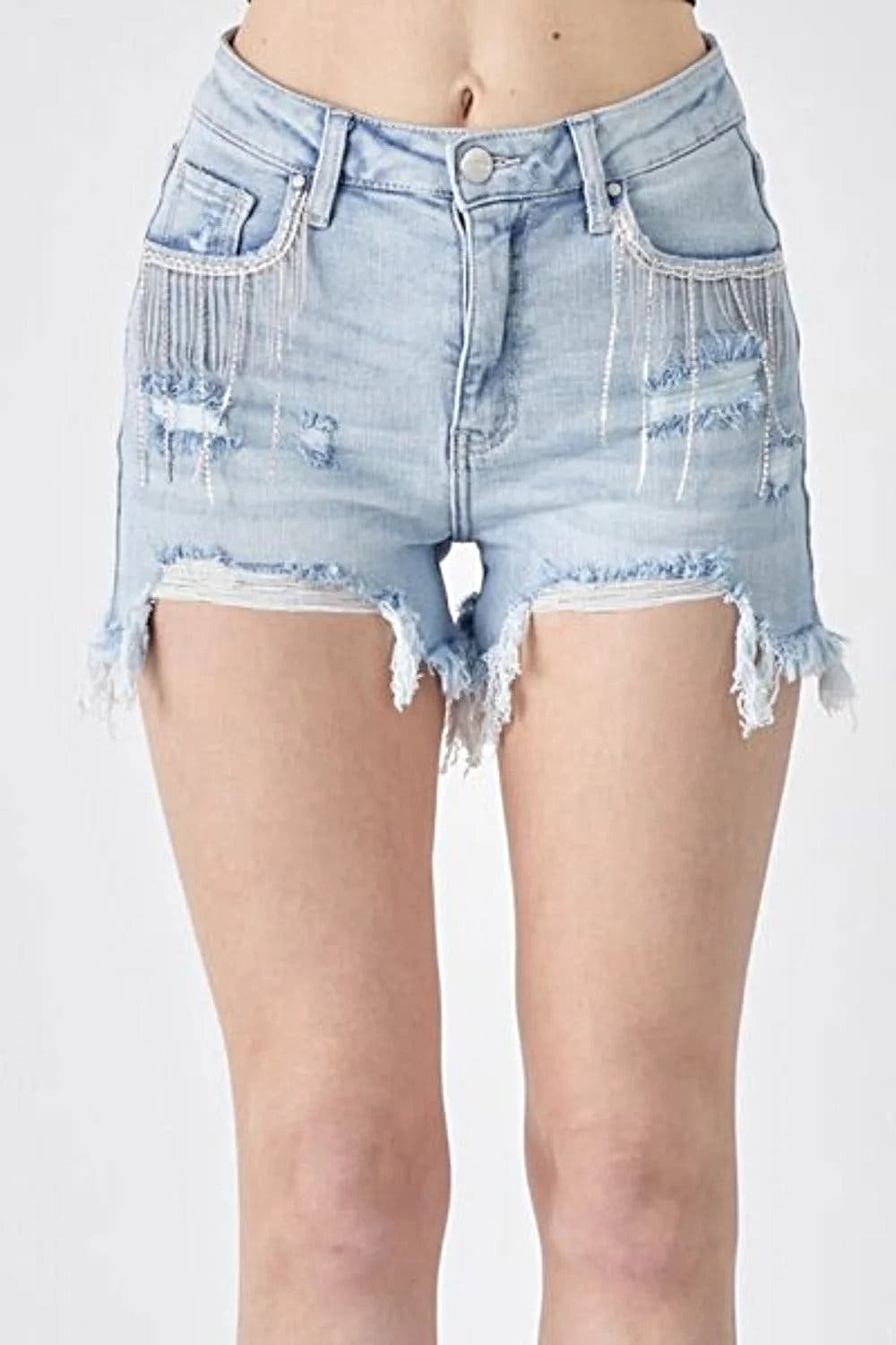 RISEN Frayed Hem Denim Shorts with Fringe Detail Pockets -