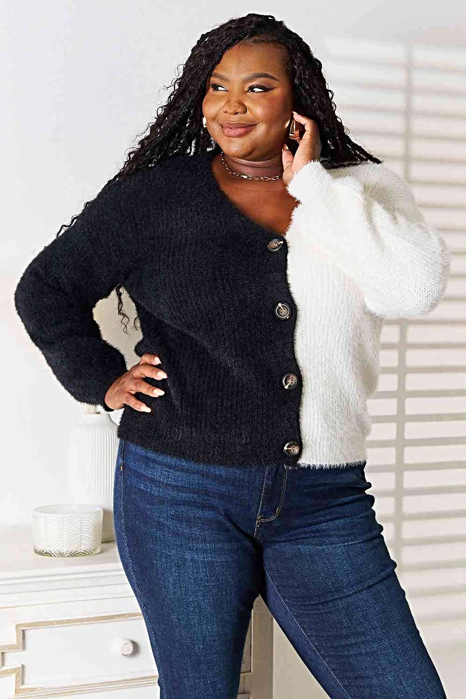 Woven Right Contrast Button-Front V-Neck Cardigan, Also in Plus sizes -