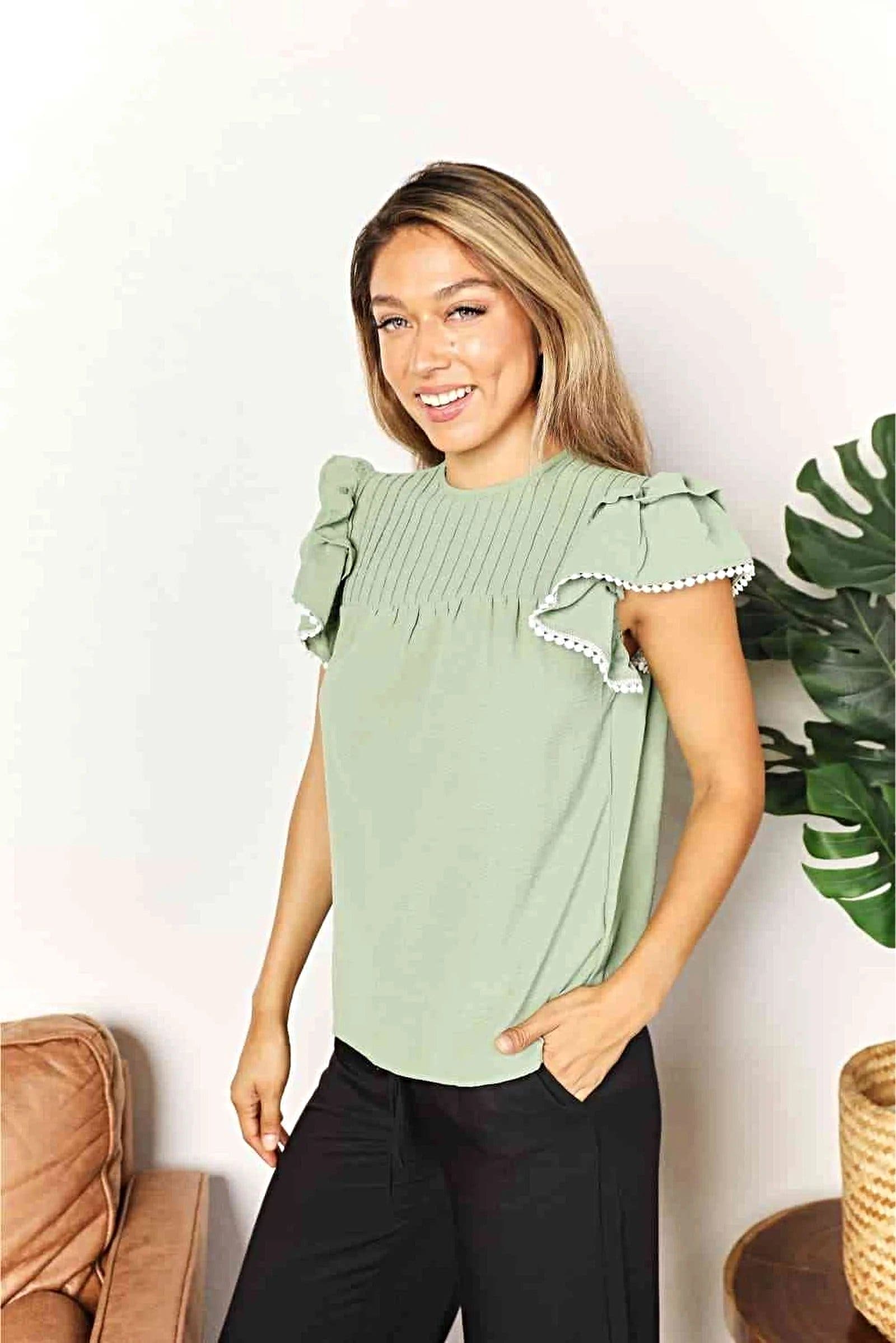 Elegant Flutter Sleeve Top With Pleated Detail And Round Neckline - Solid Casual Blouse Trendsi